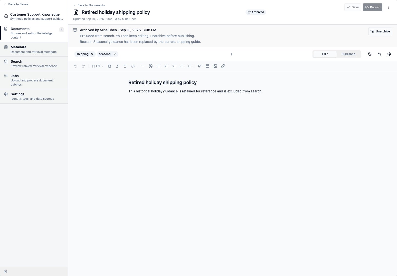 Archived Knowledge document showing archive details and the Unarchive action