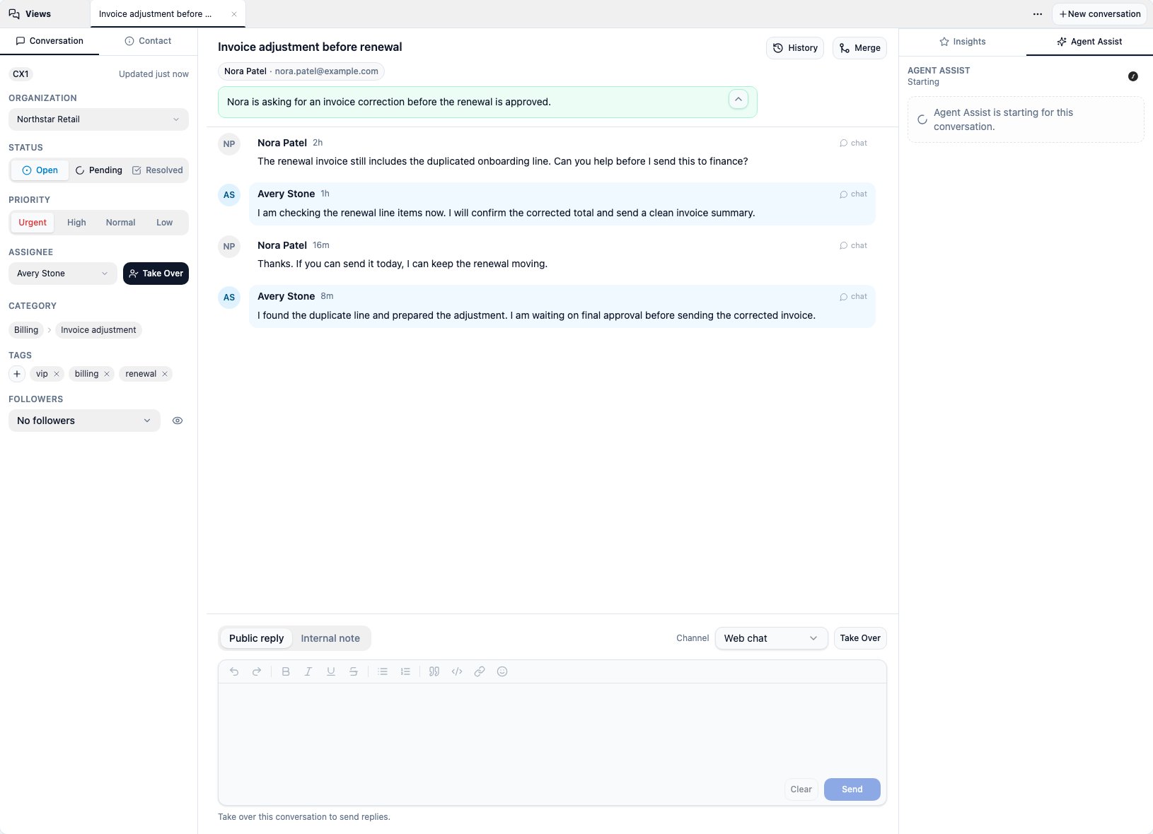 CXP conversation detail with status, priority, timeline, composer, and Agent Assist rail