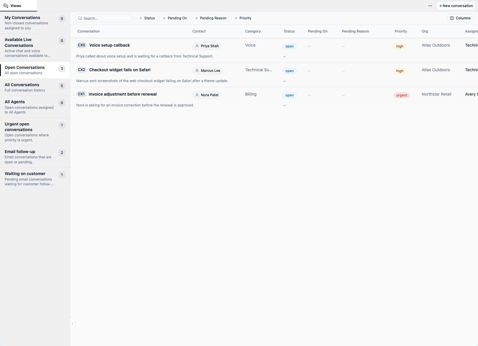 CXP Conversations workspace showing the Open Conversations view with seeded customer work