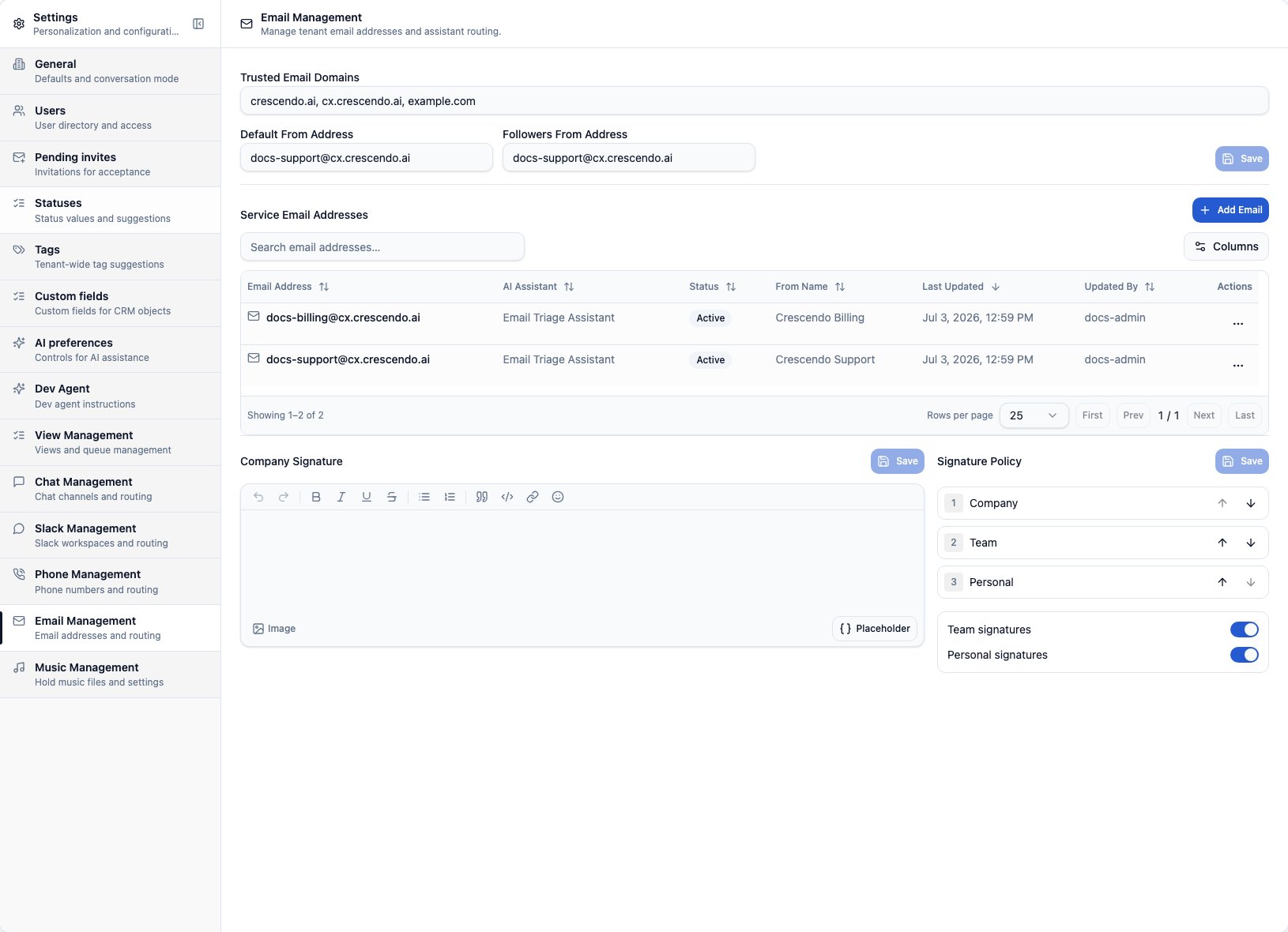 CXP Email Management settings showing service addresses, sender identity, and signature policy