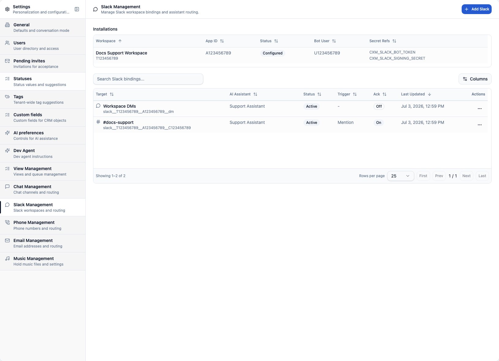 CXP Slack Management settings showing demo Slack workspace, channel binding, and direct-message binding