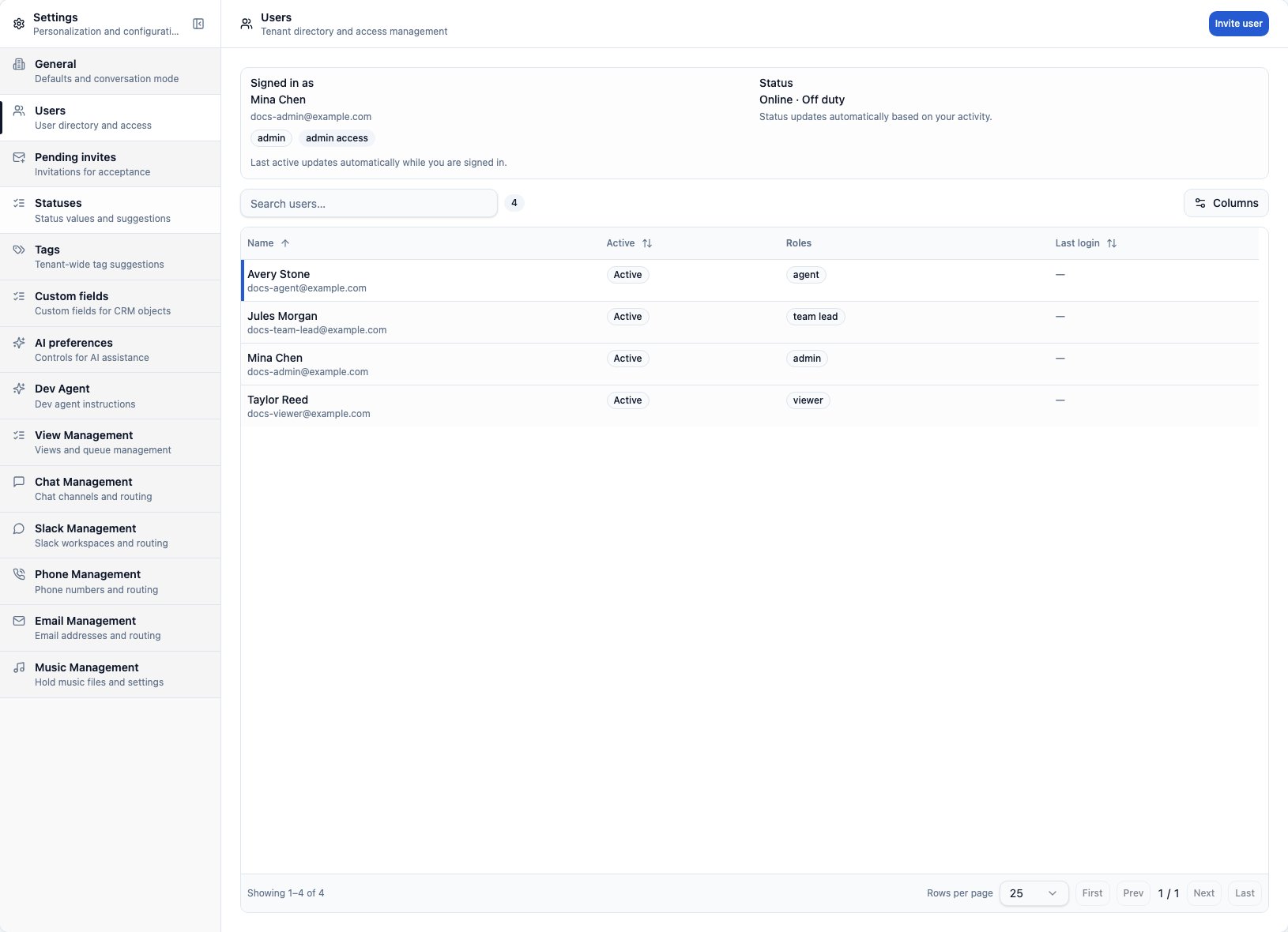 CXP Settings Users page showing seeded tenant users, active state, and roles