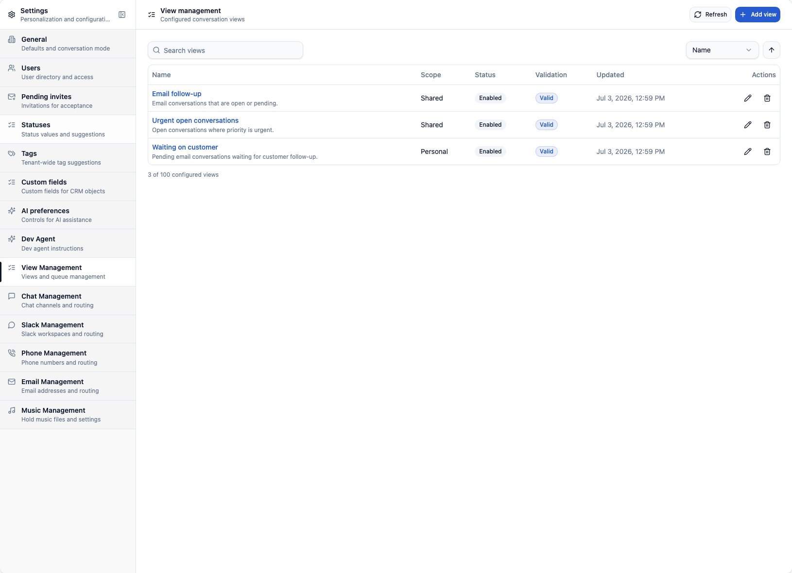 CXP View Management settings showing shared and personal configured conversation views