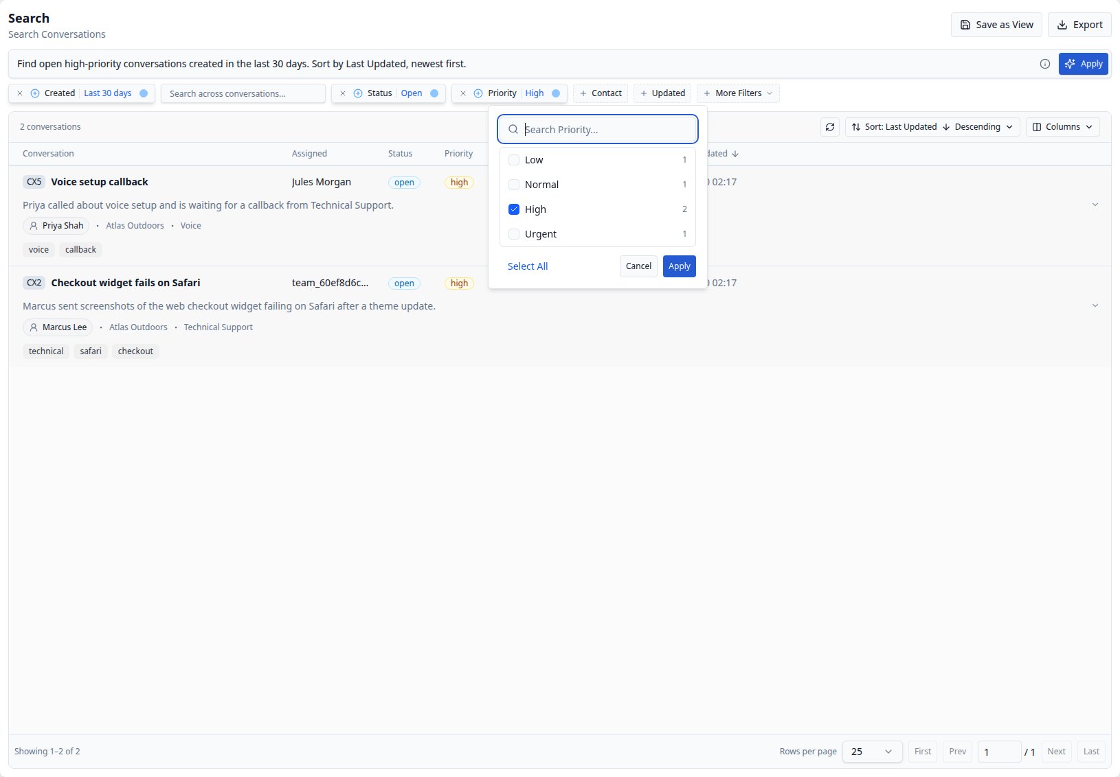 CXP Search with the Priority filter open for editing its selected values
