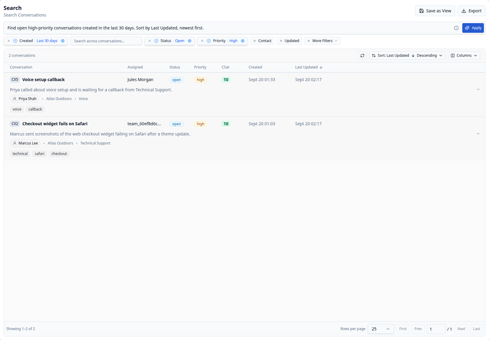 CXP Search after applying a natural-language request, showing Open and High filter chips and two matching conversations