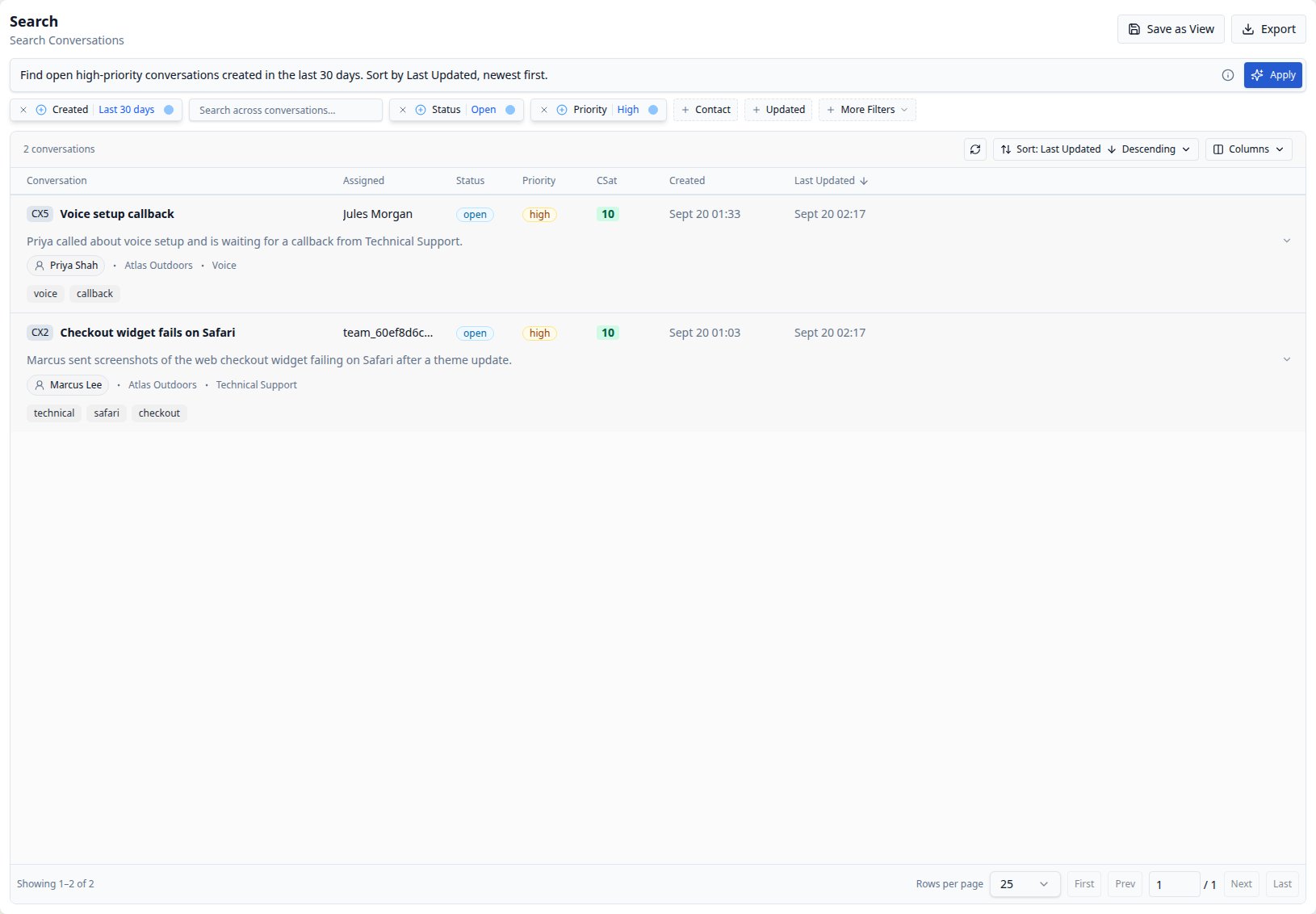 CXP Search after applying a natural-language request, showing Open and High filter chips and two matching conversations