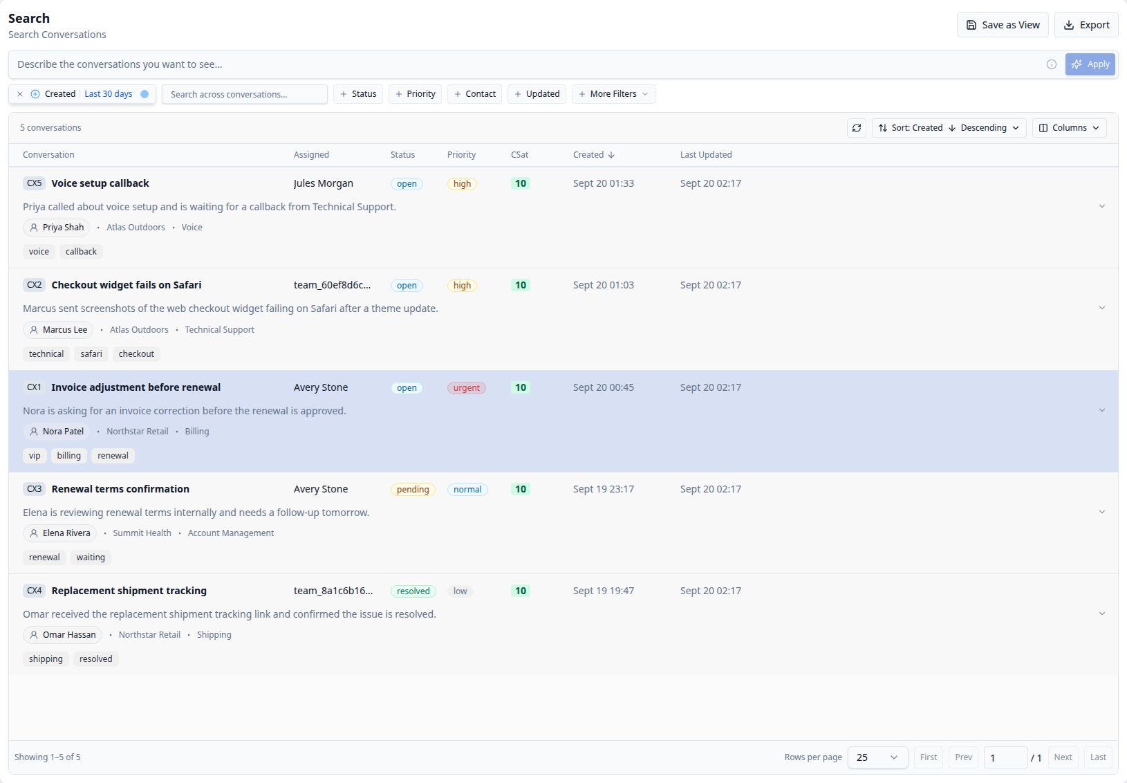 CXP Search with the description box, Created filter, keyword input, and conversation results