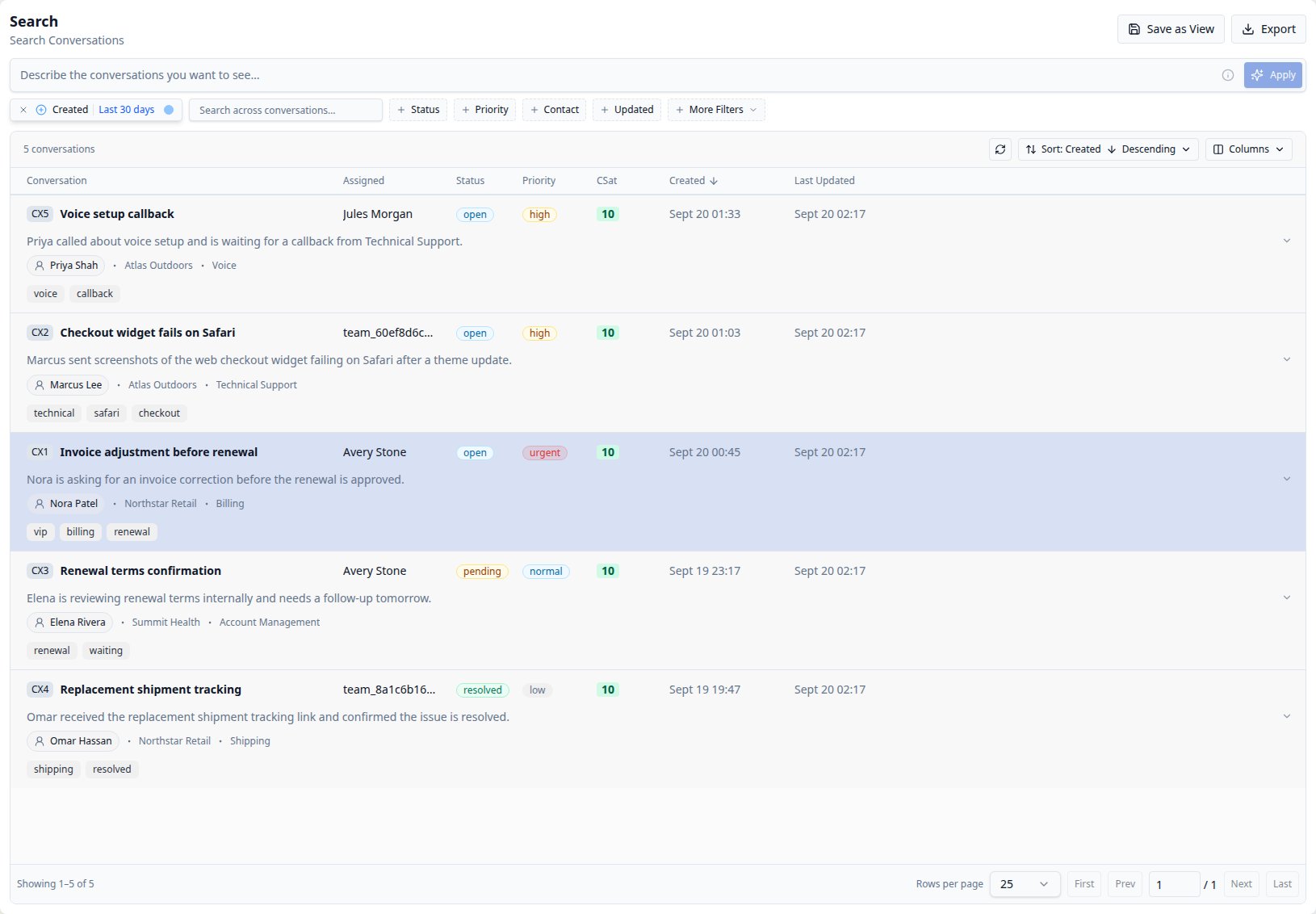 CXP Search with the description box, Created filter, keyword input, and conversation results