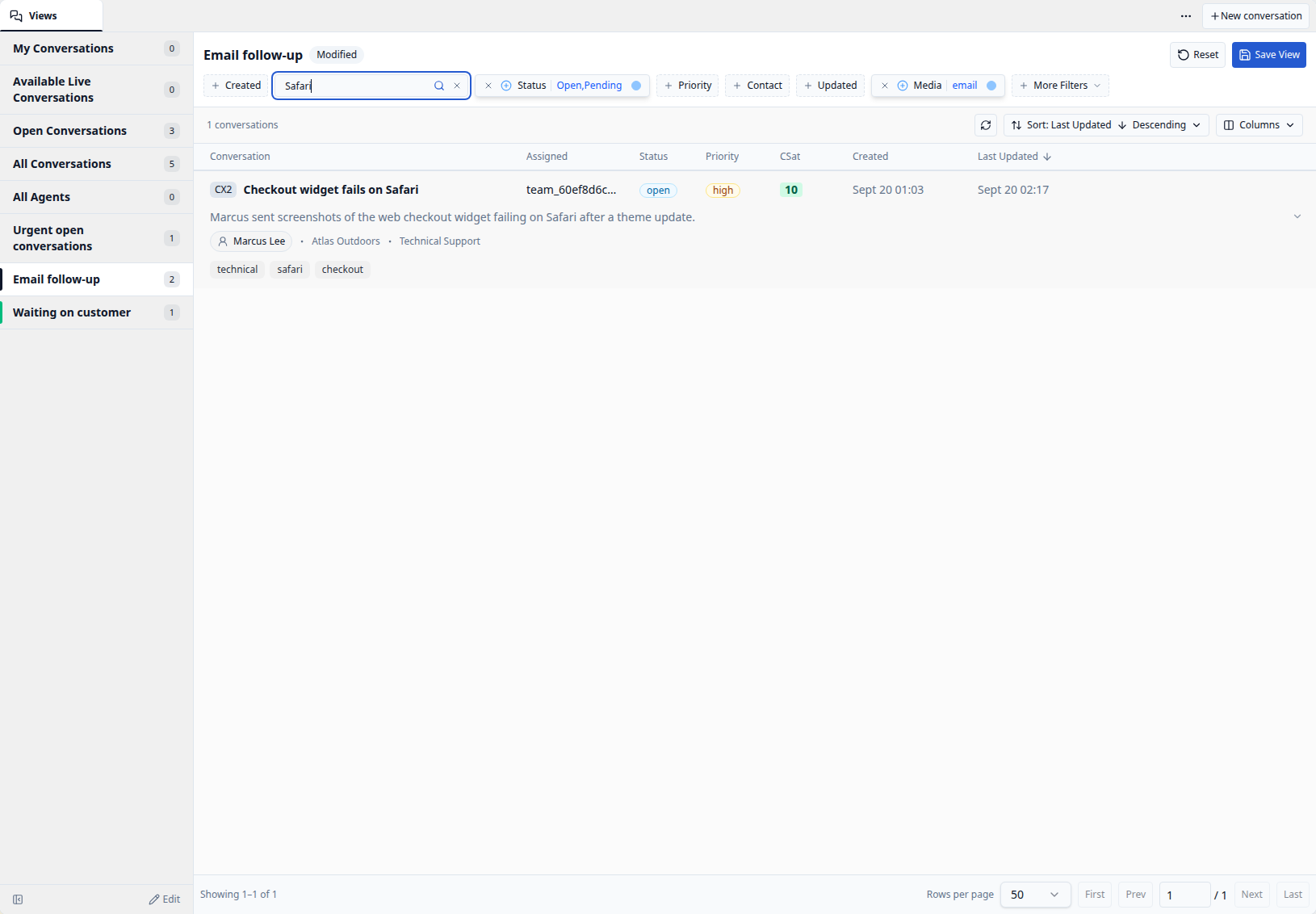 CXP View with a temporary keyword refinement, Modified indicator, Reset, and Save View