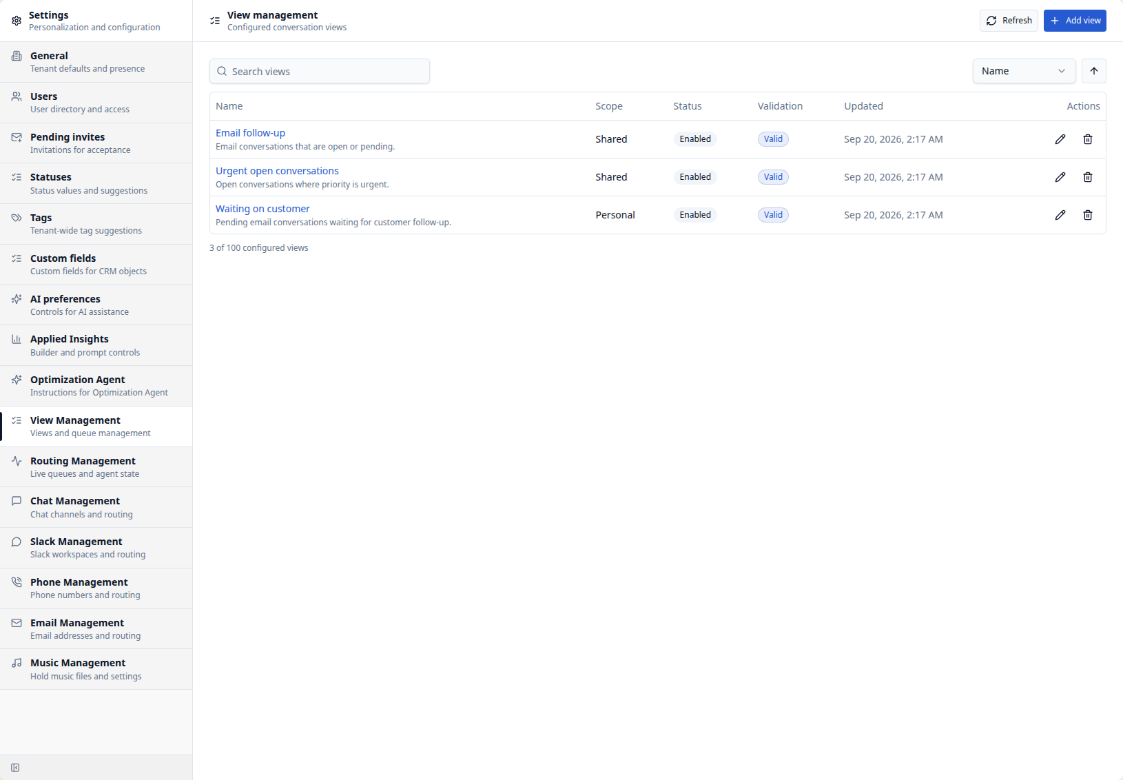 CXP View management with configured Views, scope, enabled state, and pencil edit actions