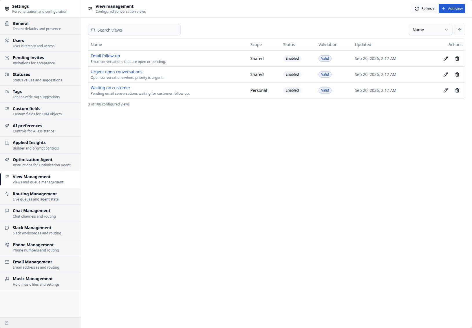 CXP View management with configured Views, scope, enabled state, and pencil edit actions