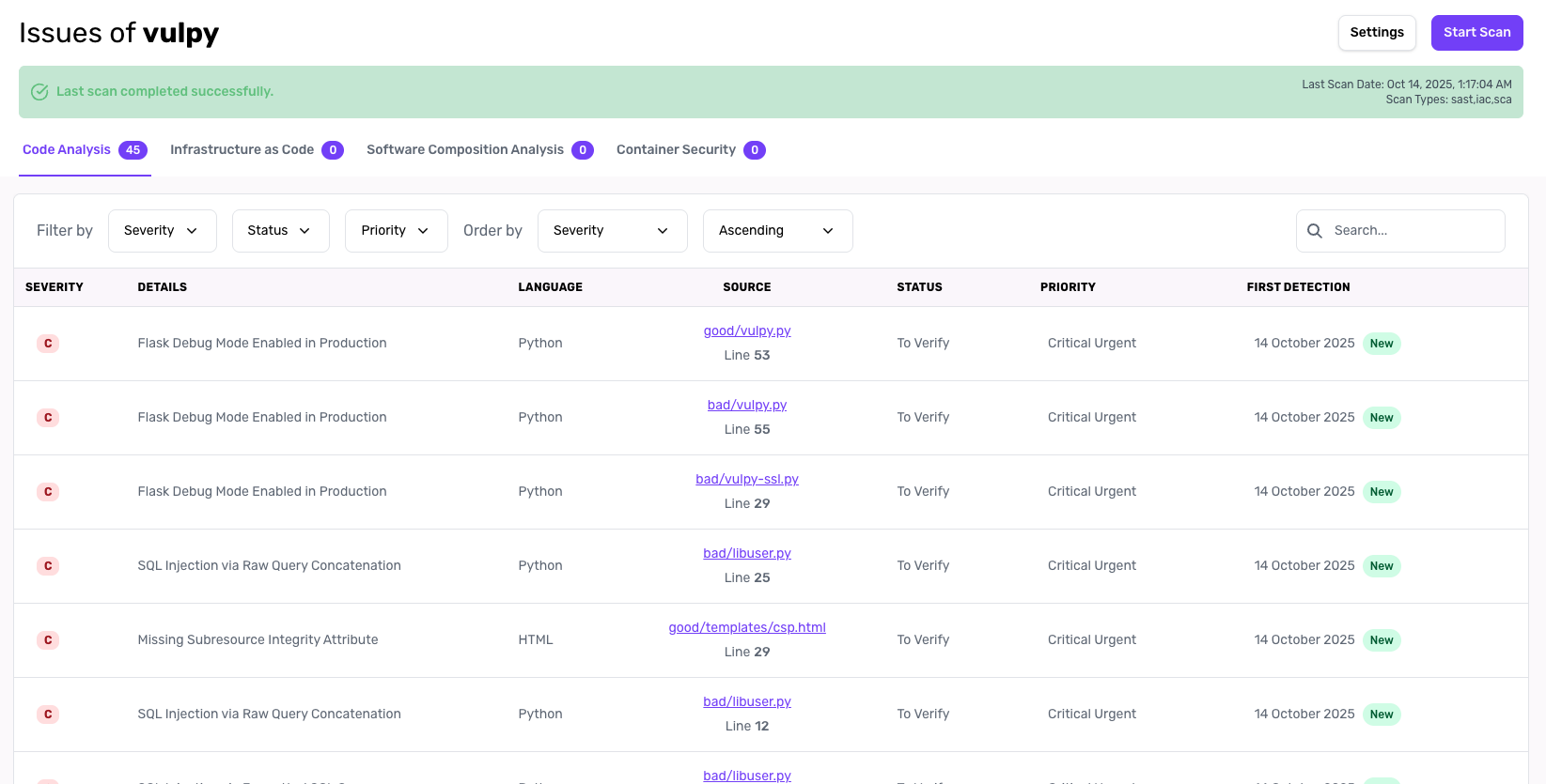 Project Vulnerability List Interface