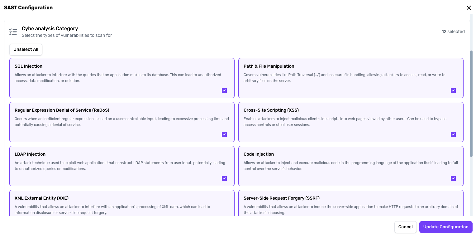 Select SAST Vulnerability Groups