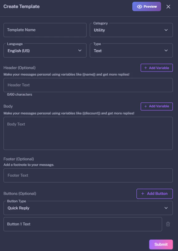 Create Template Form Dark