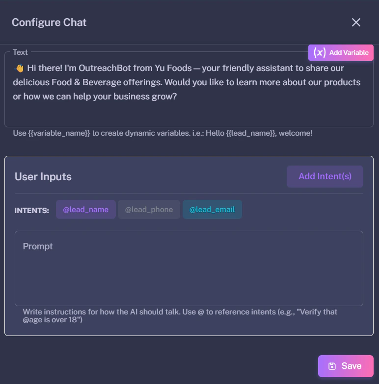 Web Bot Configure Chat Dark