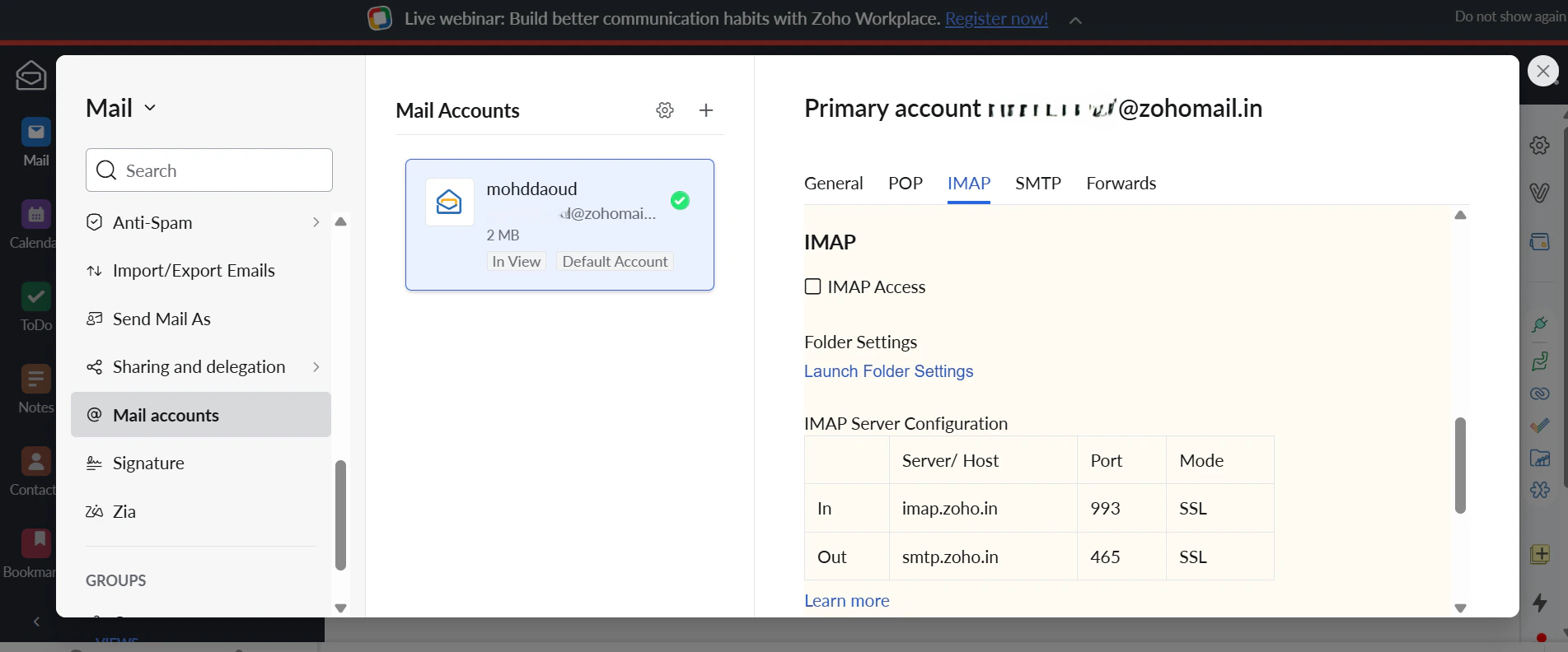 Zoho IMAP Settings Dark
