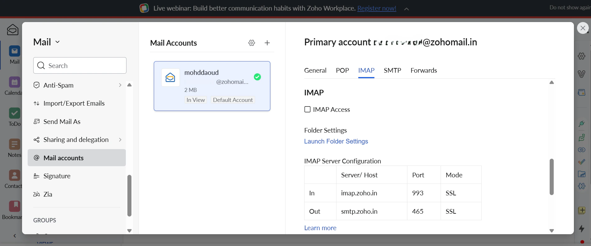 Zoho IMAP Settings Light