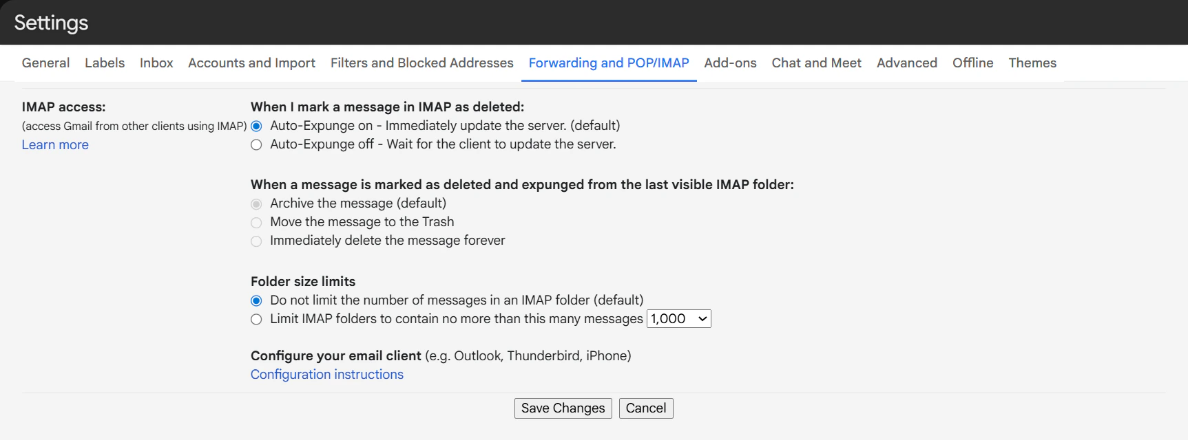Gmail IMAP Settings Dark