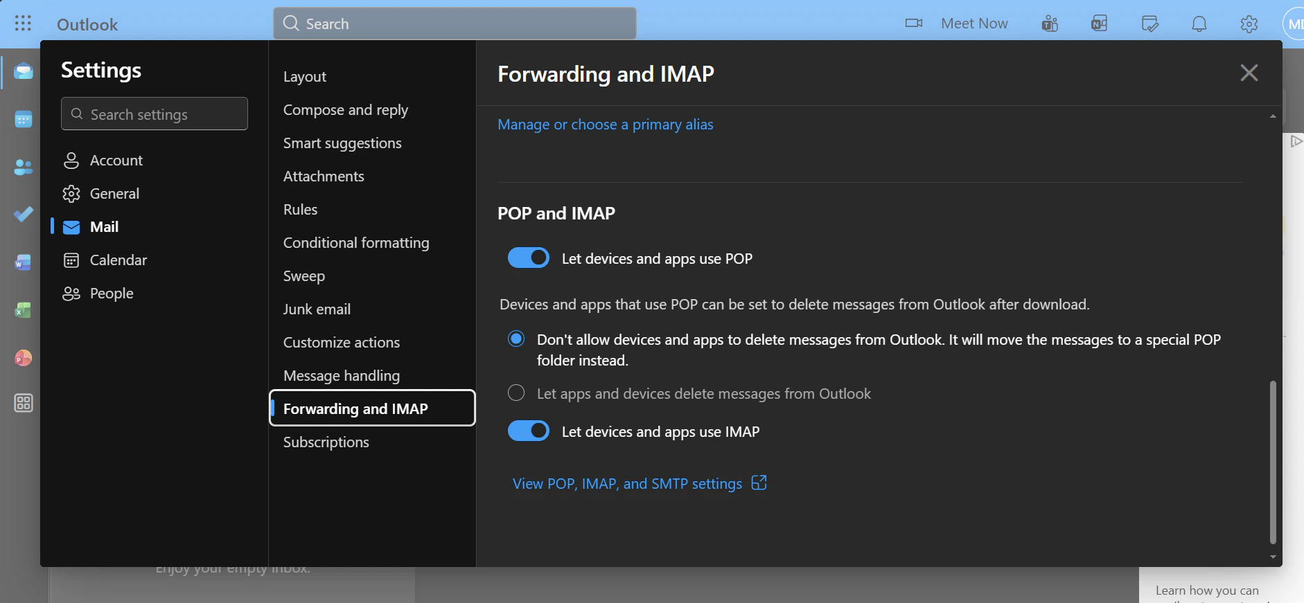 Outlook Sync Settings Dark