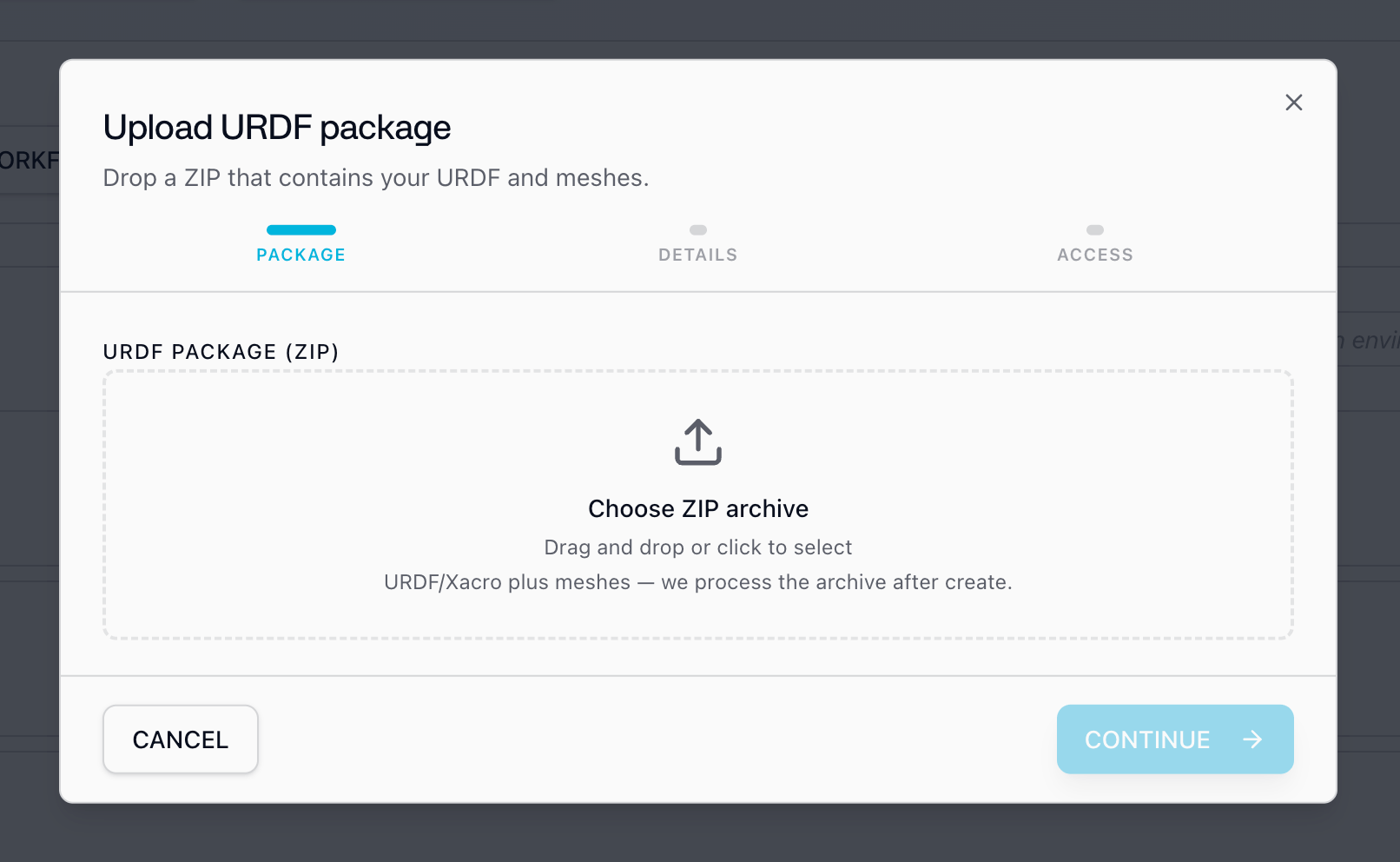 Upload URDF package step