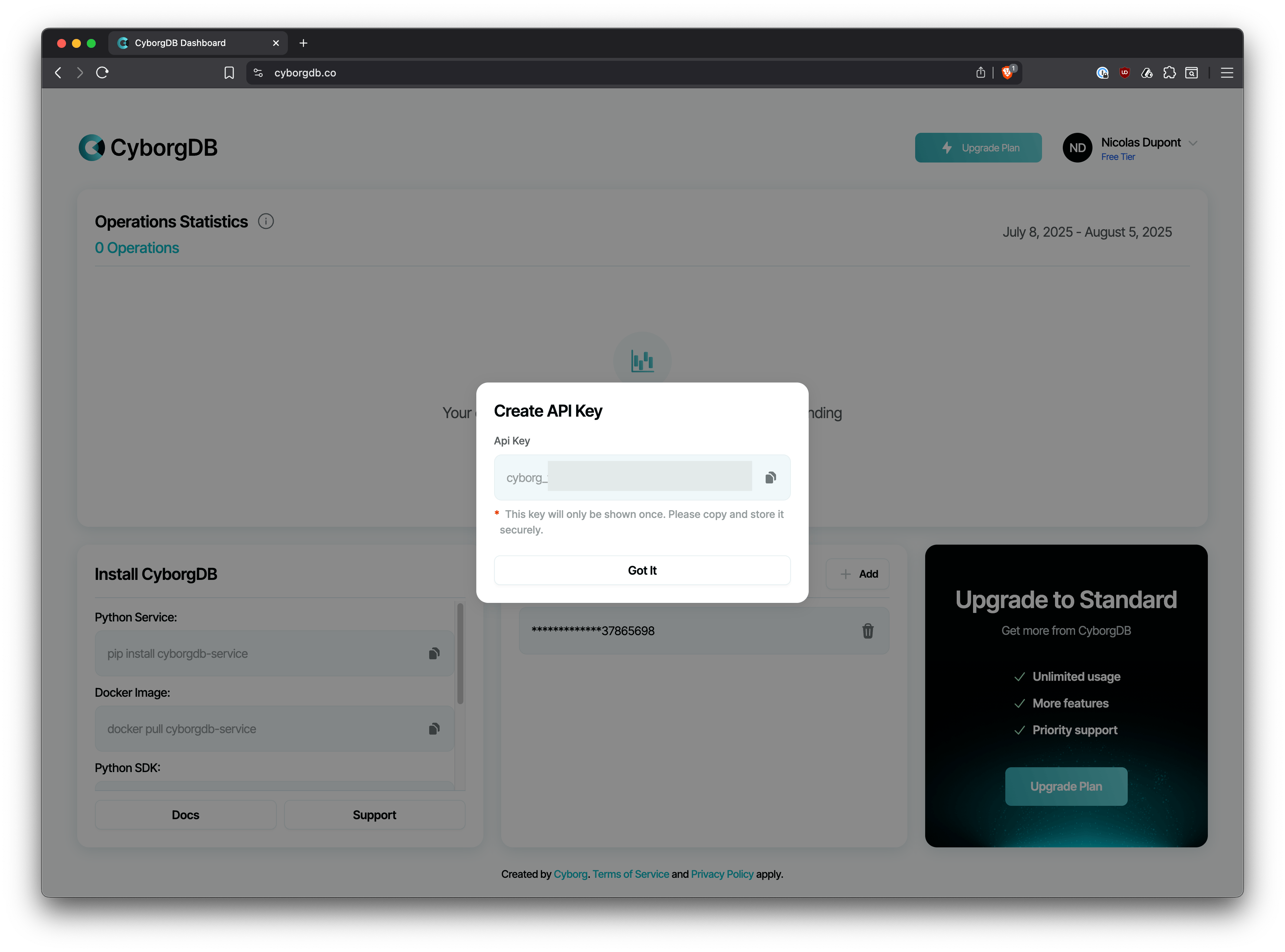 Screenshot of CyborgDB Dashboard showing generated API key