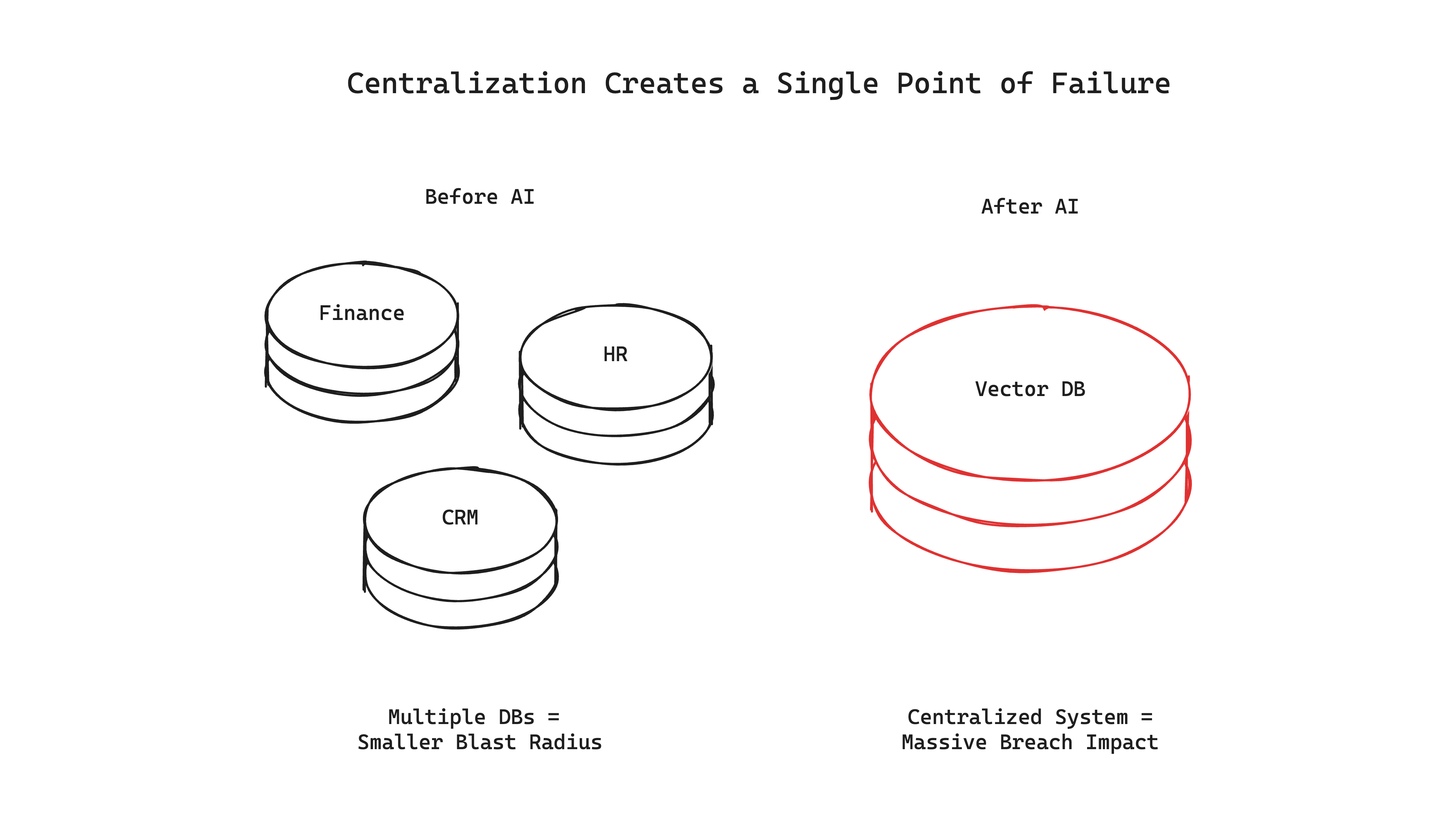 Diagram showing the blast radius of a breach in a centralized vector database
