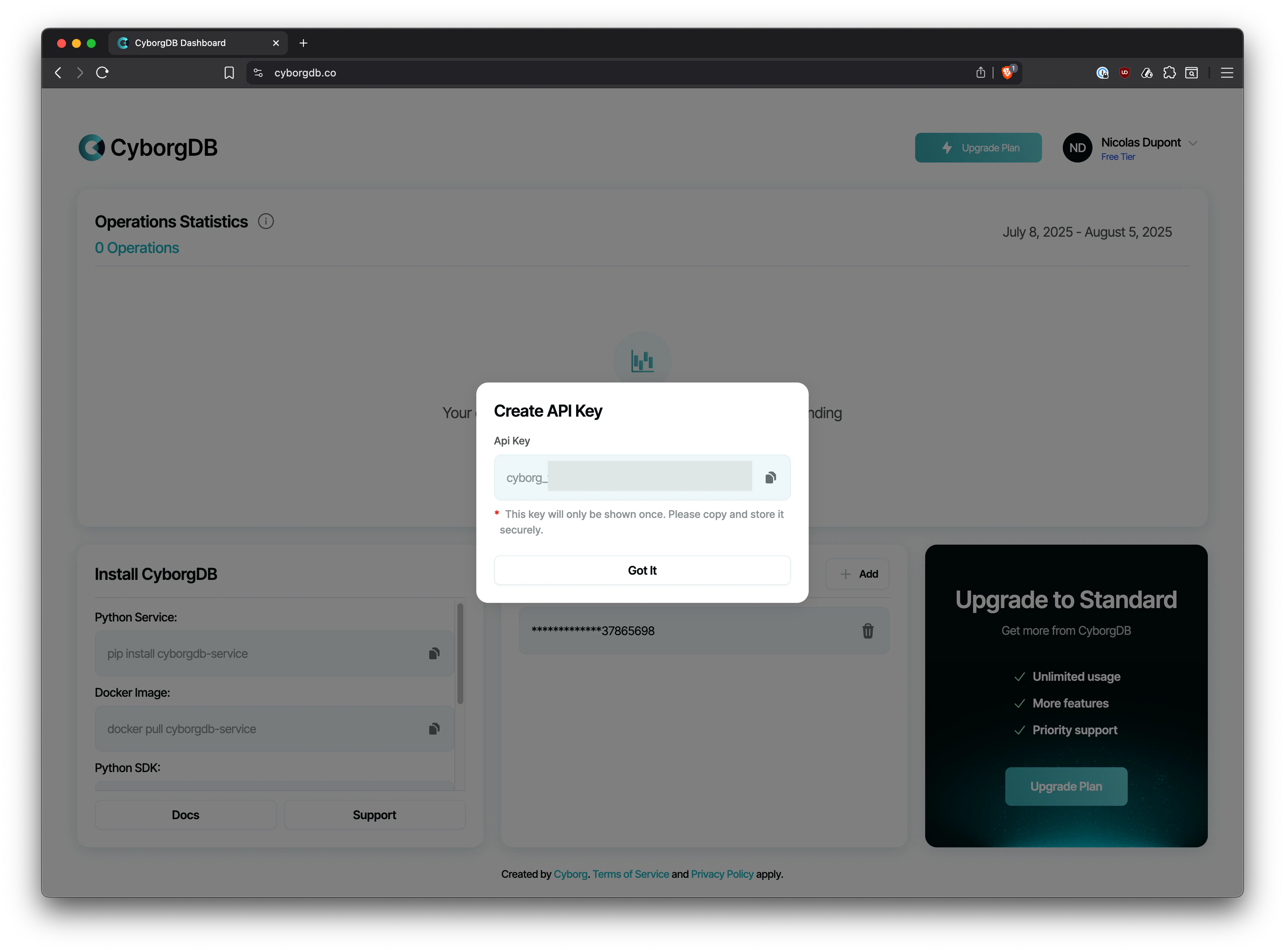 Screenshot of CyborgDB Dashboard showing generated API key