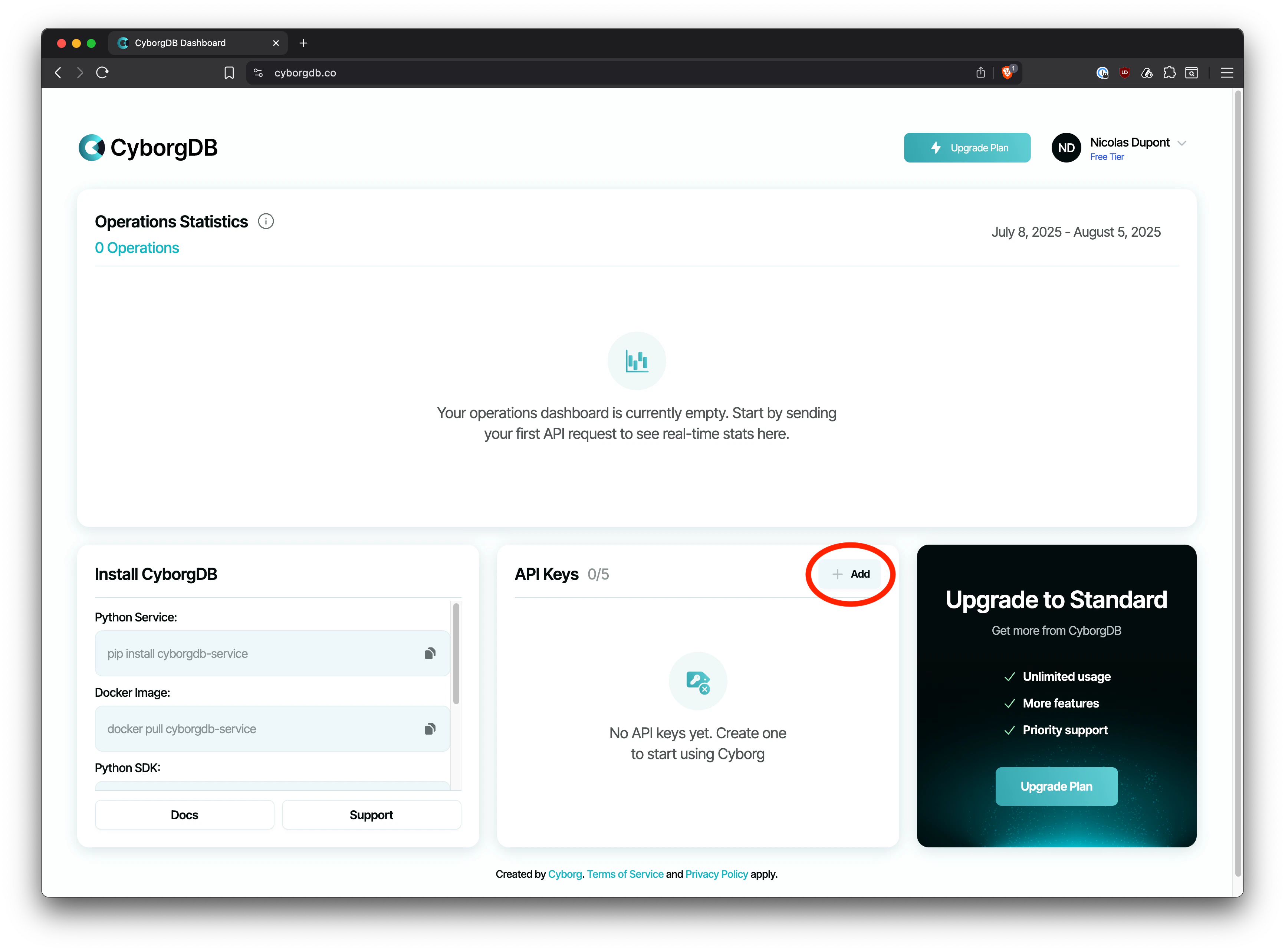 Screenshot of CyborgDB Dashboard with API Keys 'Add' button highlighted