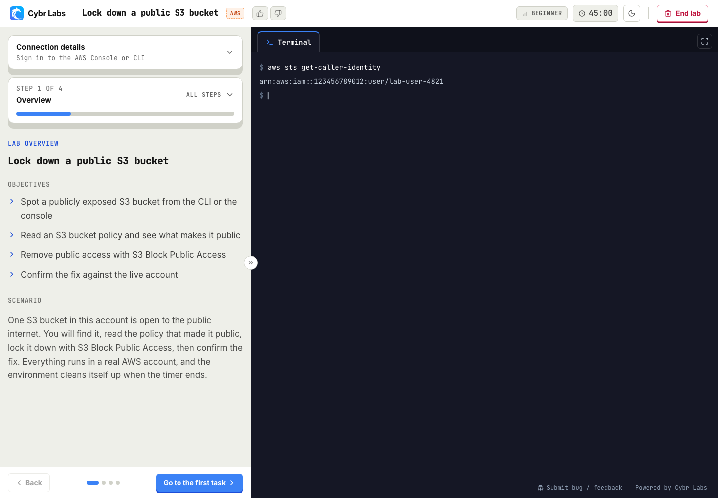Cybr Hosted Lab Page with a guide, connection details, timer, end action, and web terminal.