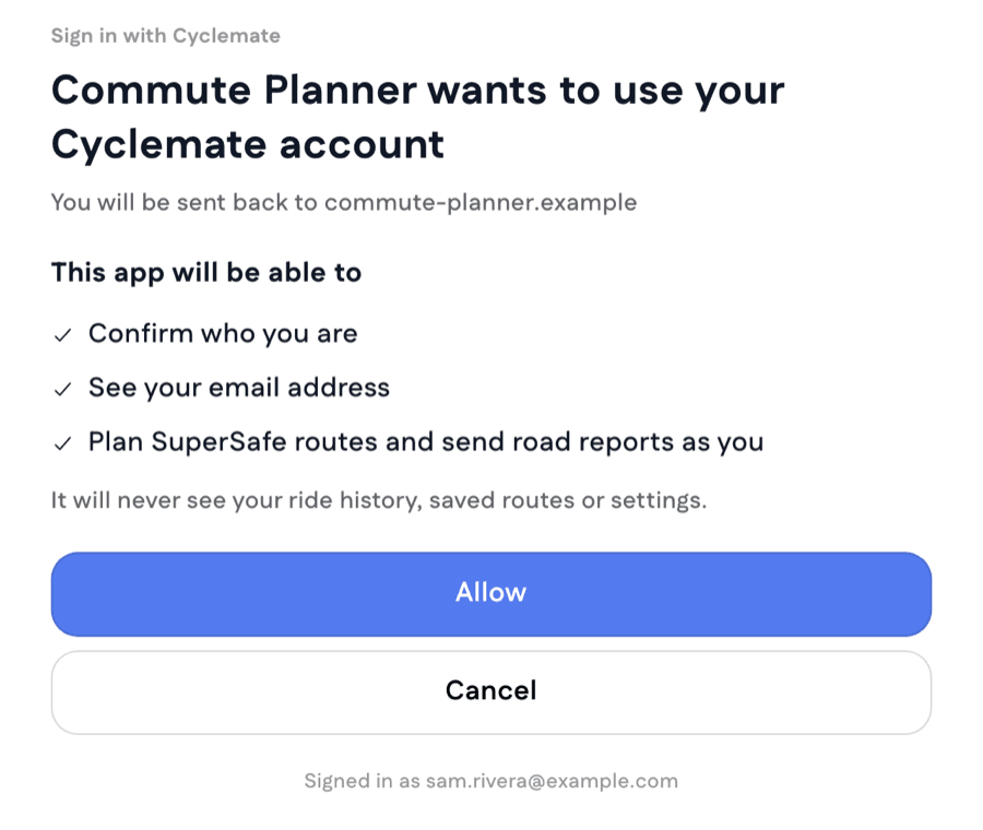 The Sign in with Cyclemate consent screen: Commute Planner wants to use your Cyclemate account, the three things the app will be able to do, an Allow button and a Cancel button
