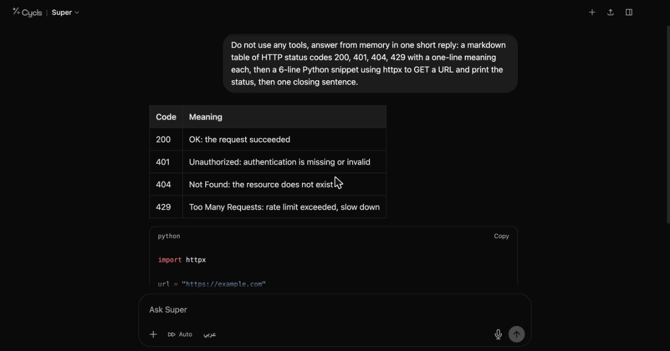A Cycls agent streaming a markdown table and a Python code block in the chat interface