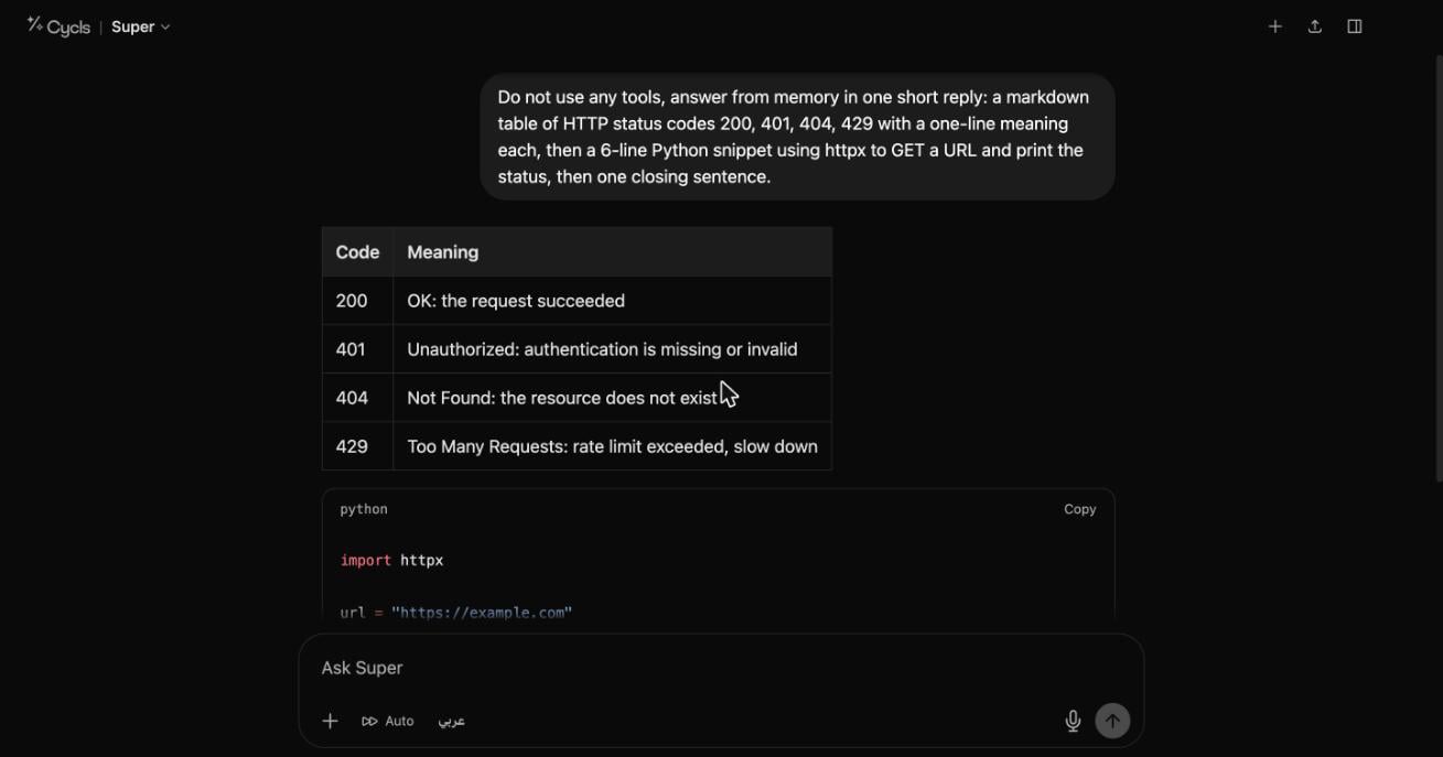 A Cycls agent streaming a markdown table and a Python code block in the chat interface