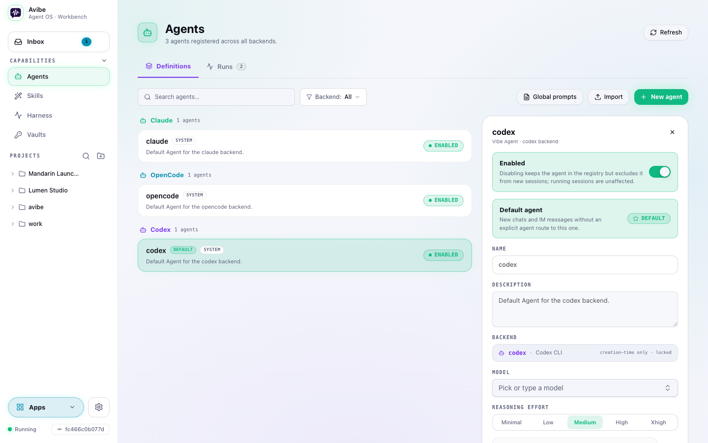 The Avibe Agent registry with Claude Code, Codex, and OpenCode backends