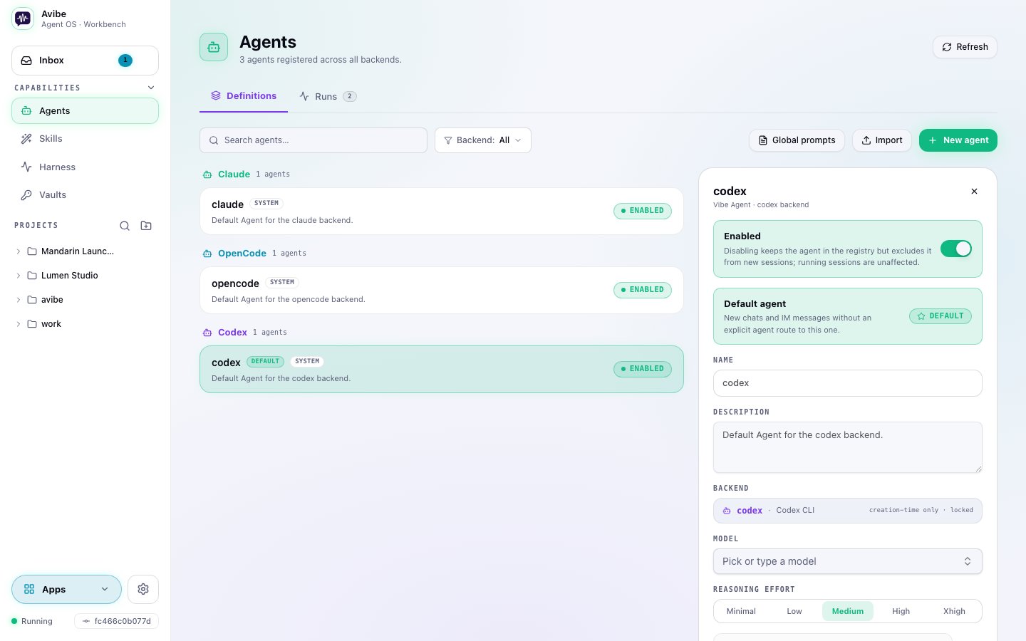 The Avibe Agent registry with Claude Code, Codex, and OpenCode backends