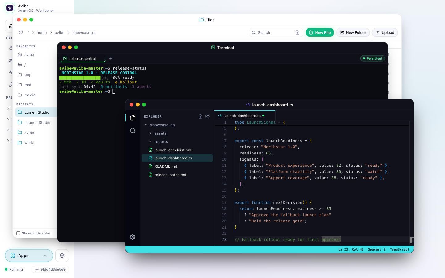 The multi-window Workbench with Files, Terminal, and Editor open together