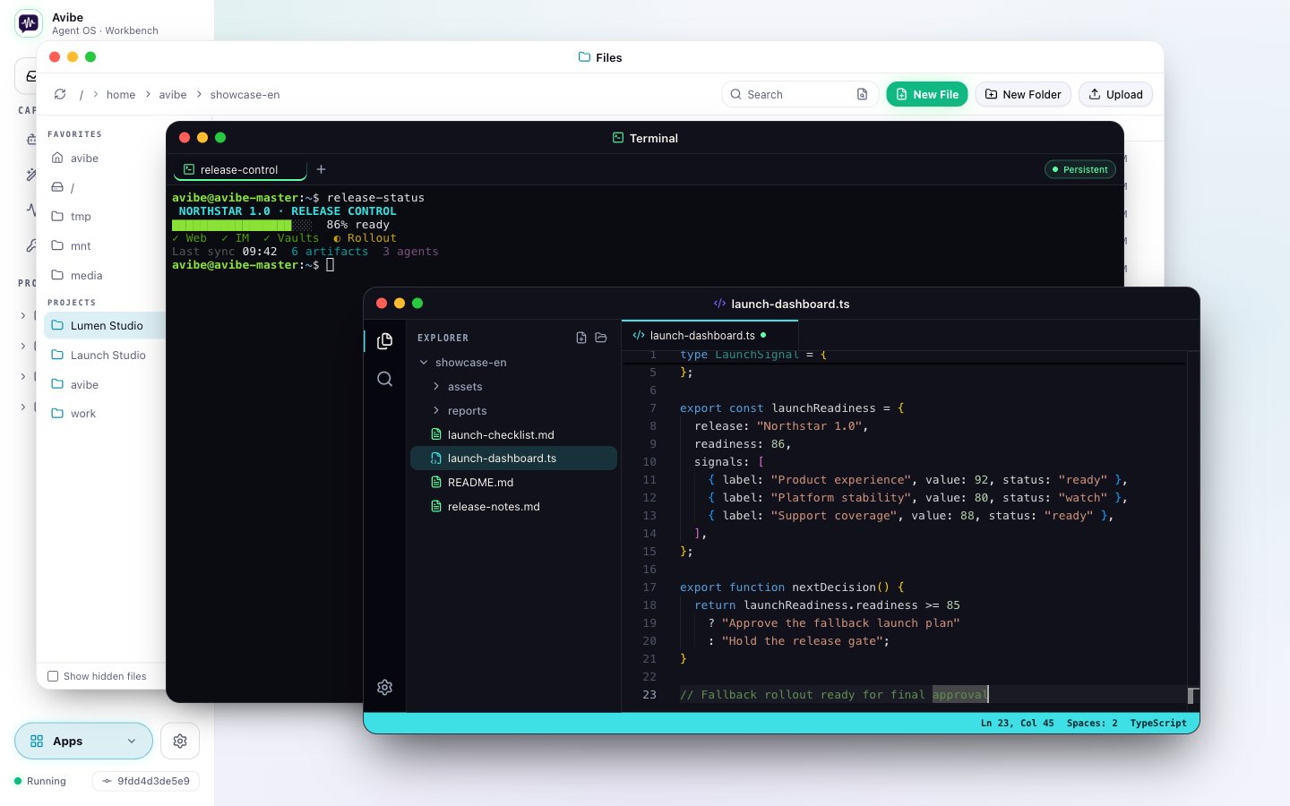 The multi-window Workbench with Files, Terminal, and Editor open together