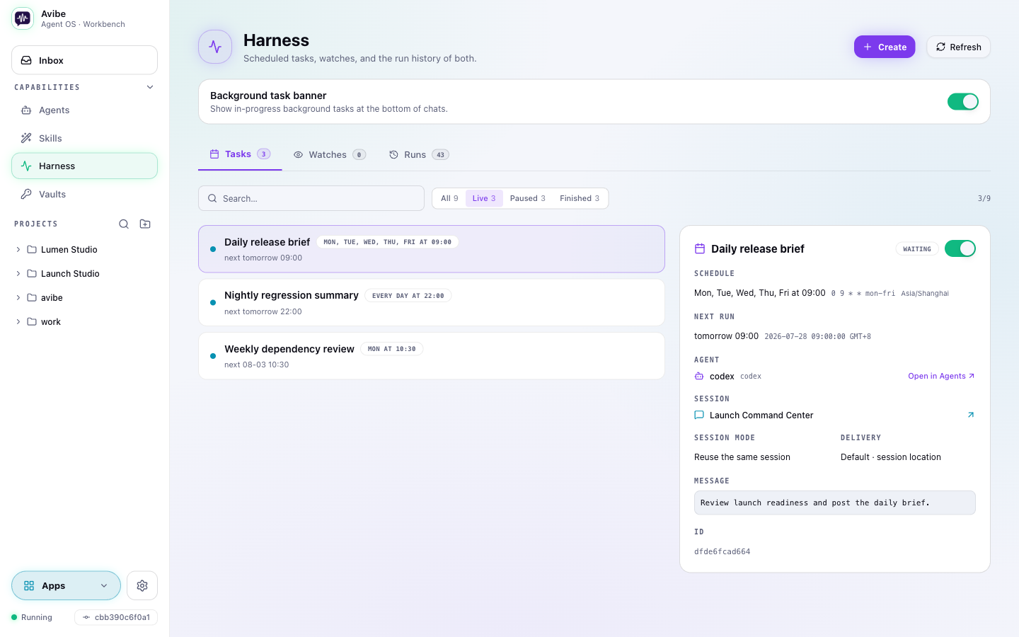 A scheduled Harness task with Agent, session, delivery, and timing details