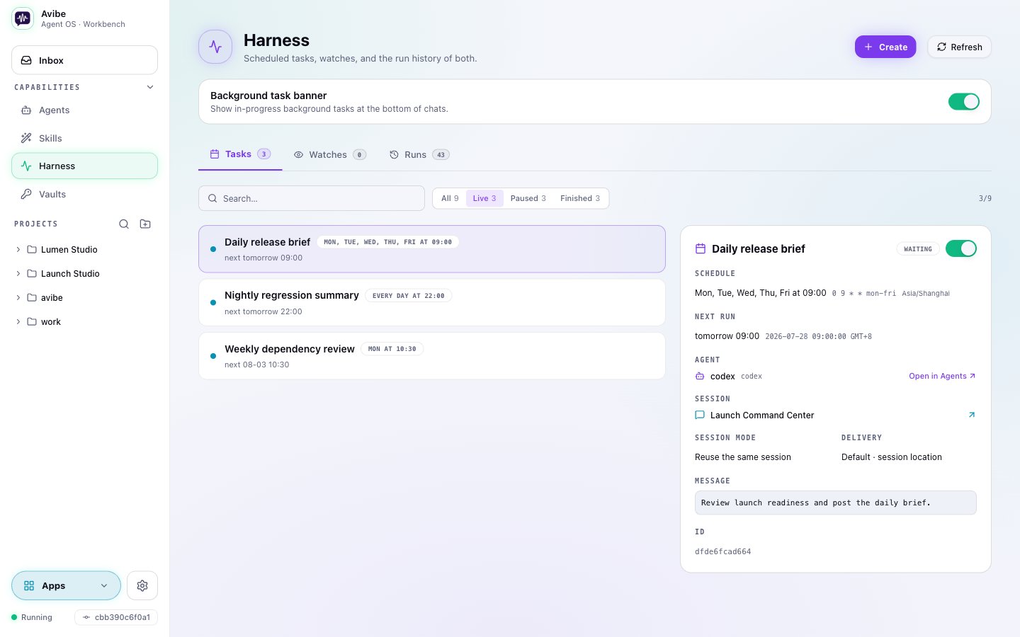 A scheduled Harness task with Agent, session, delivery, and timing details
