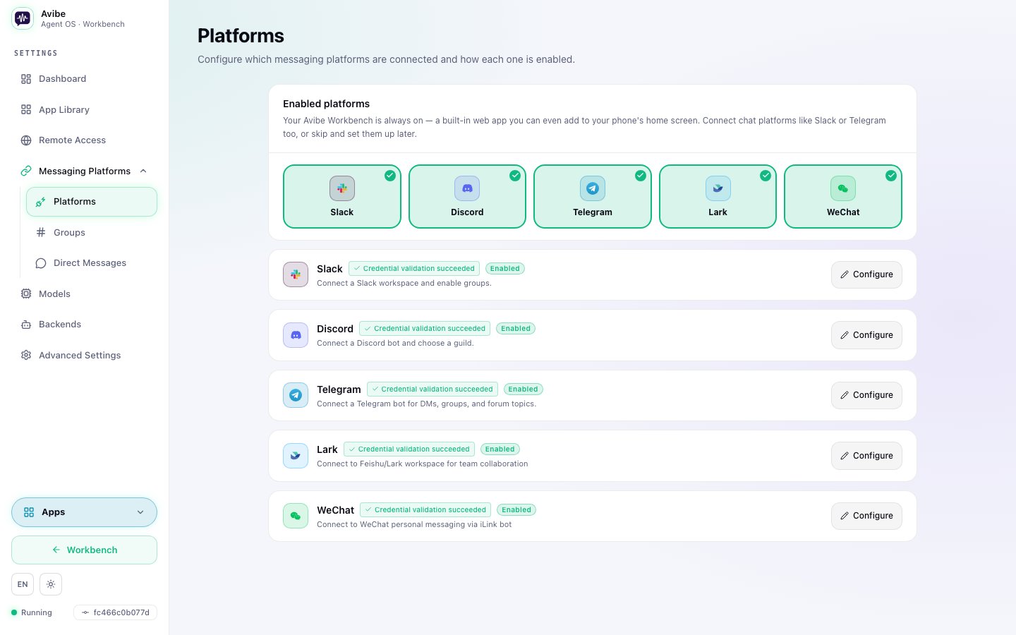 Avibe platform connections for Slack, Discord, Telegram, WeChat, and Lark