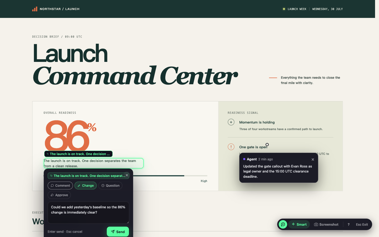 A Show Page review with anchored comments and Agent replies