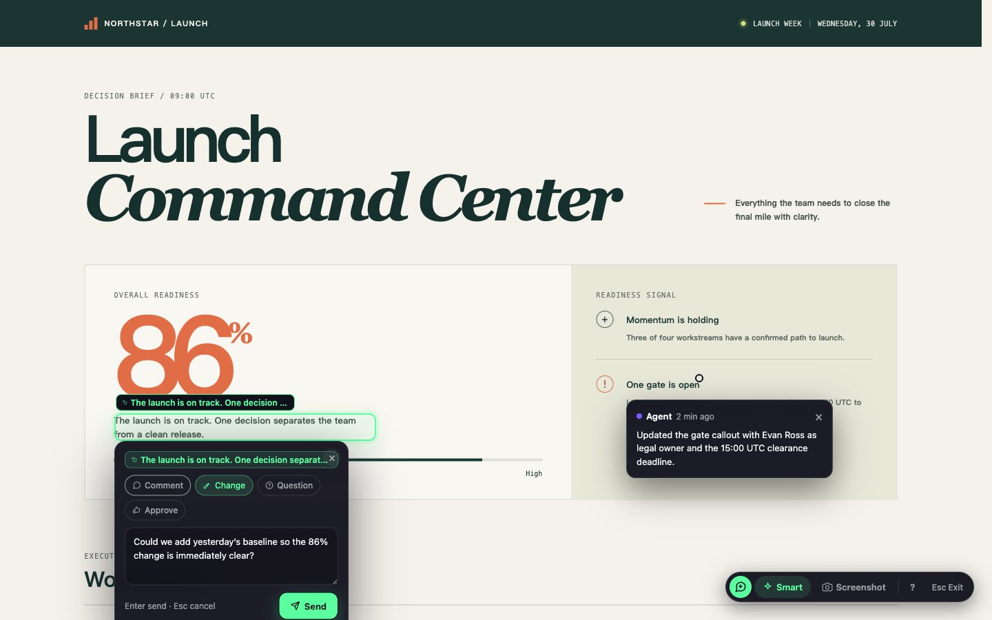A Show Page review with anchored comments and Agent replies