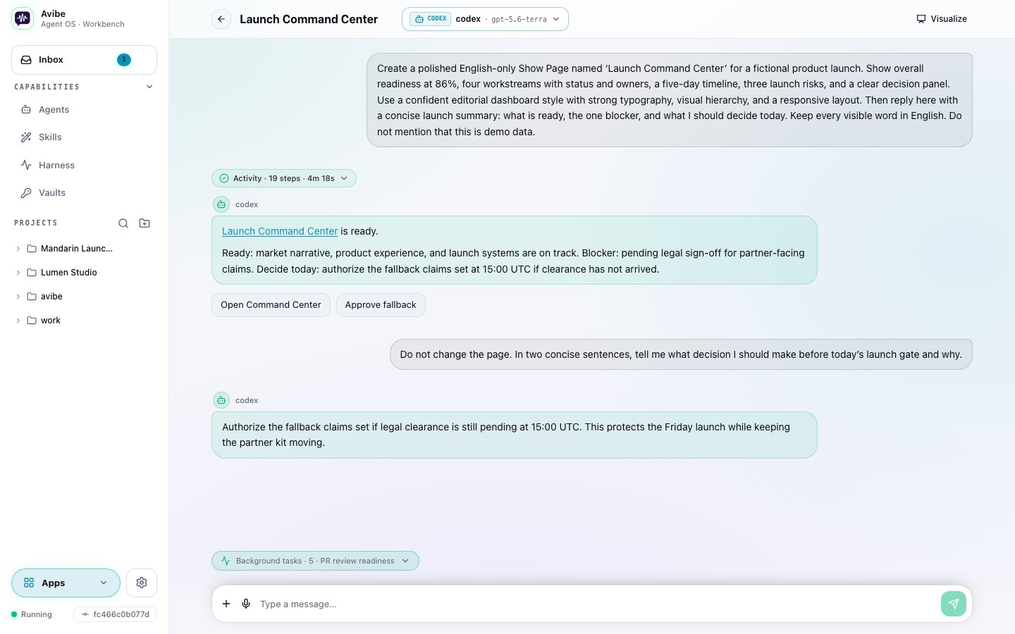 Avibe Workbench with a local Agent conversation and live work context