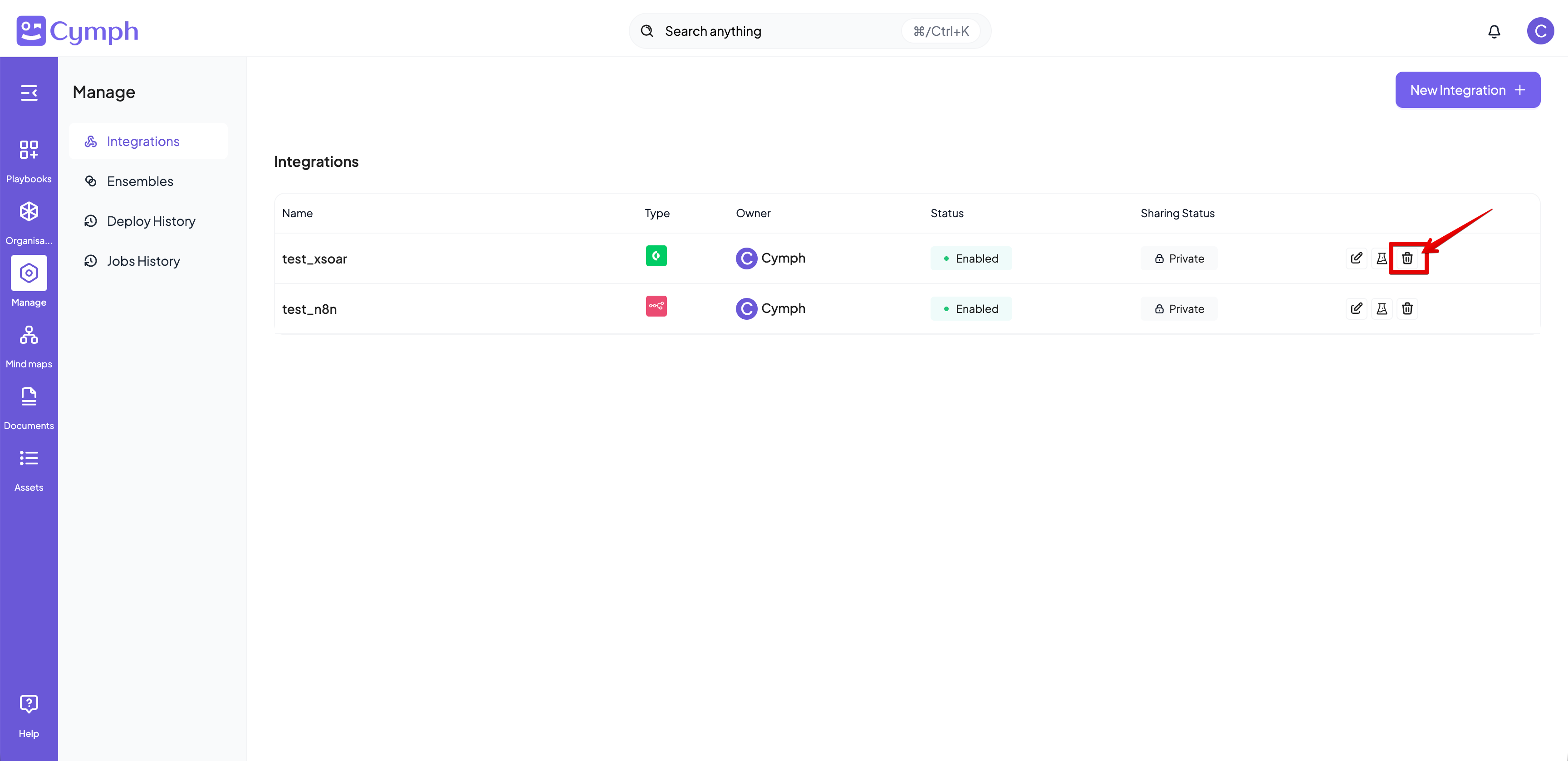 Integration Delete Button