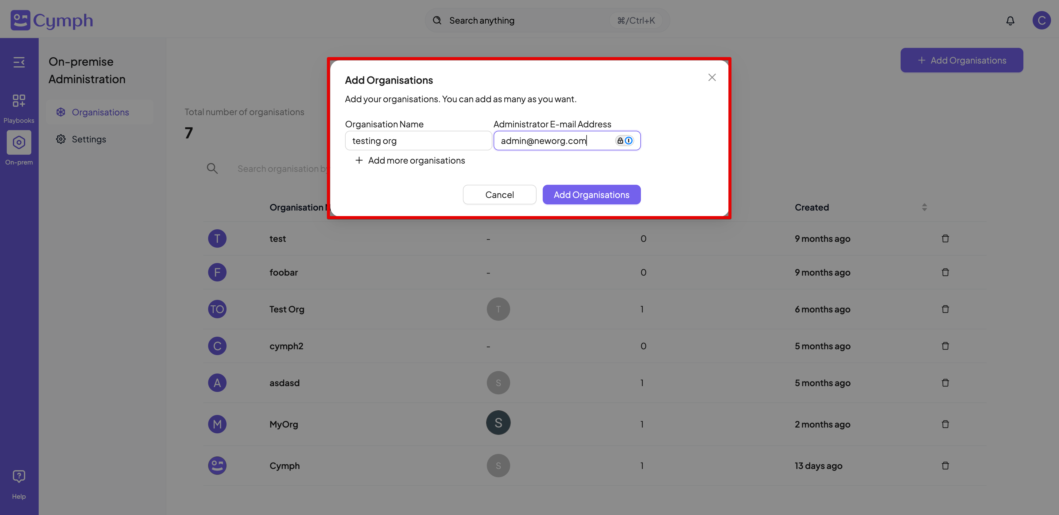 Onprem Add Org Modal