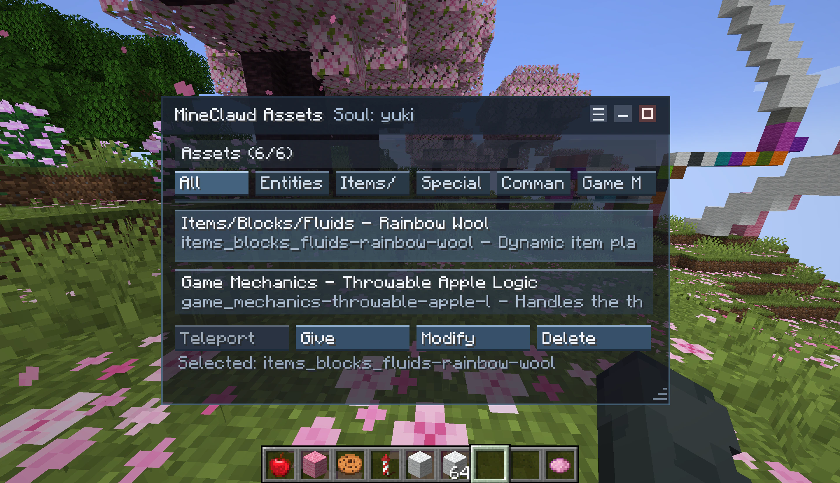 MineClawd Assets overlay showing categorized asset list with action controls