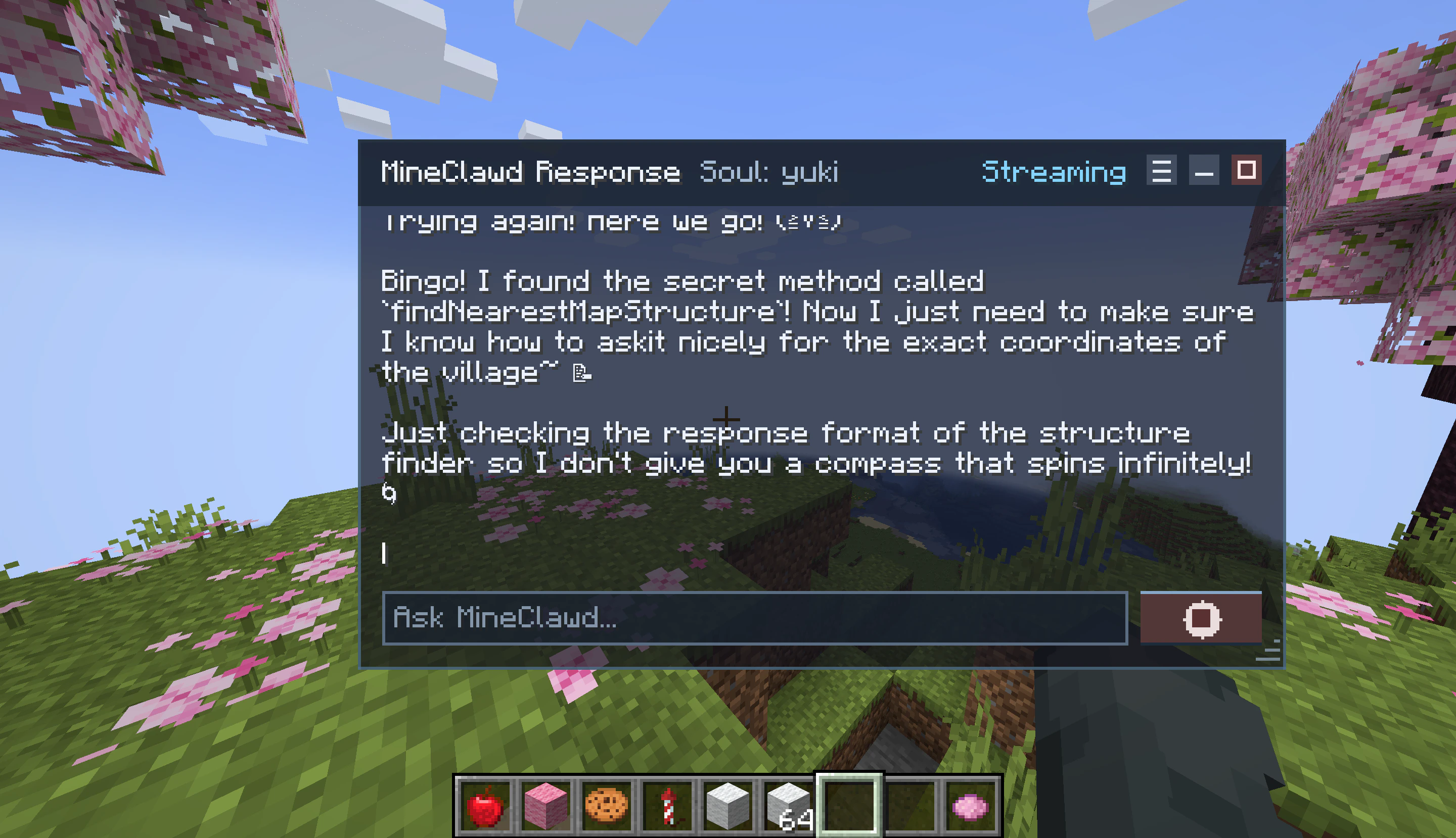 MineClawd overlay showing a longer streaming response with tool calls