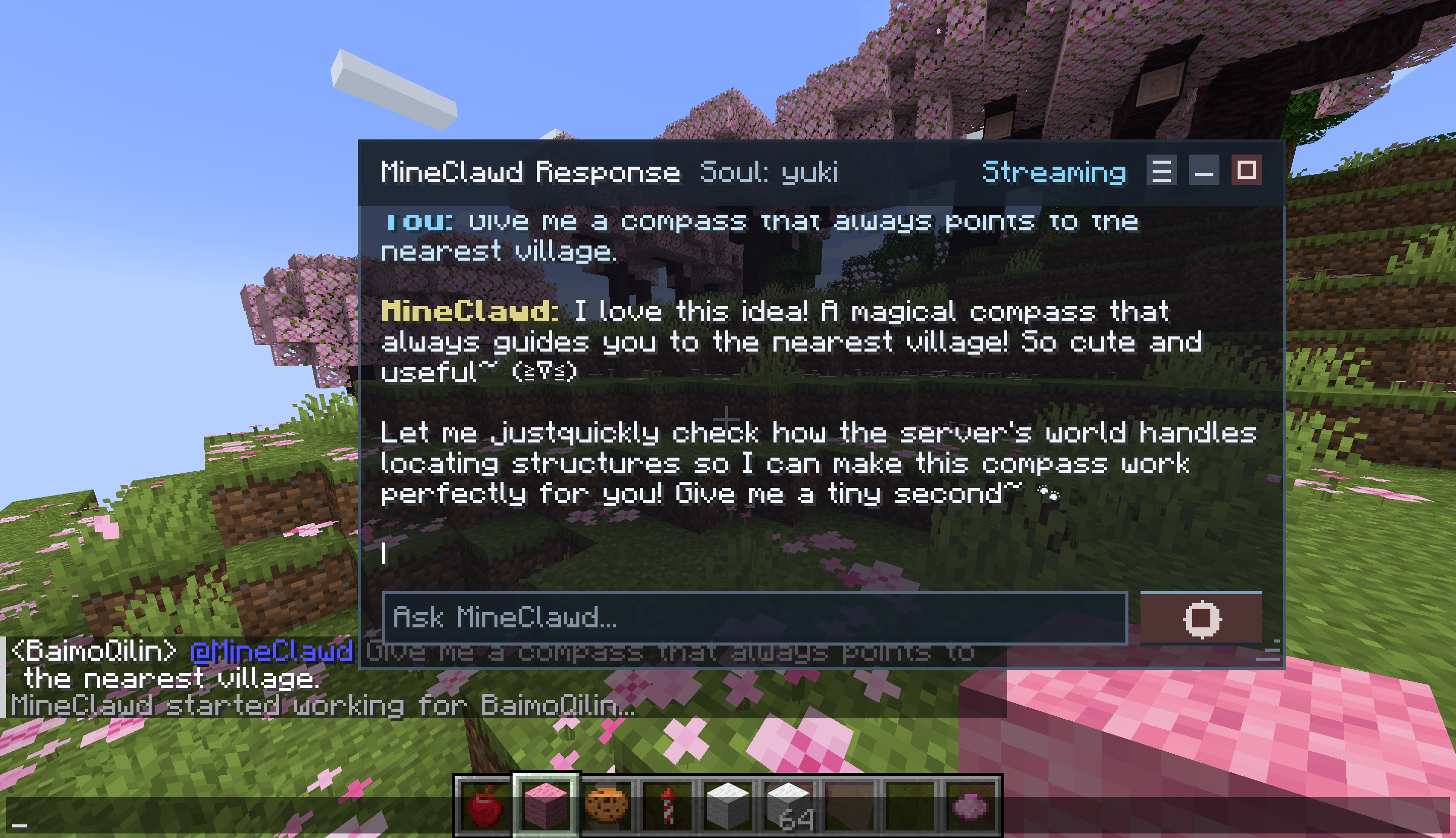 MineClawd overlay GUI showing a streaming response
