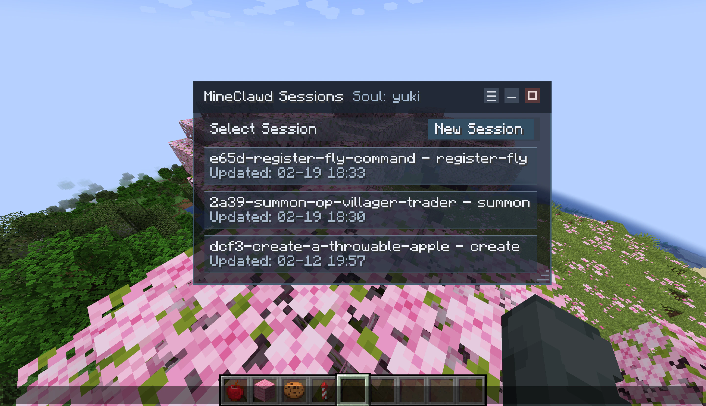 MineClawd Sessions overlay showing a list of sessions with timestamps