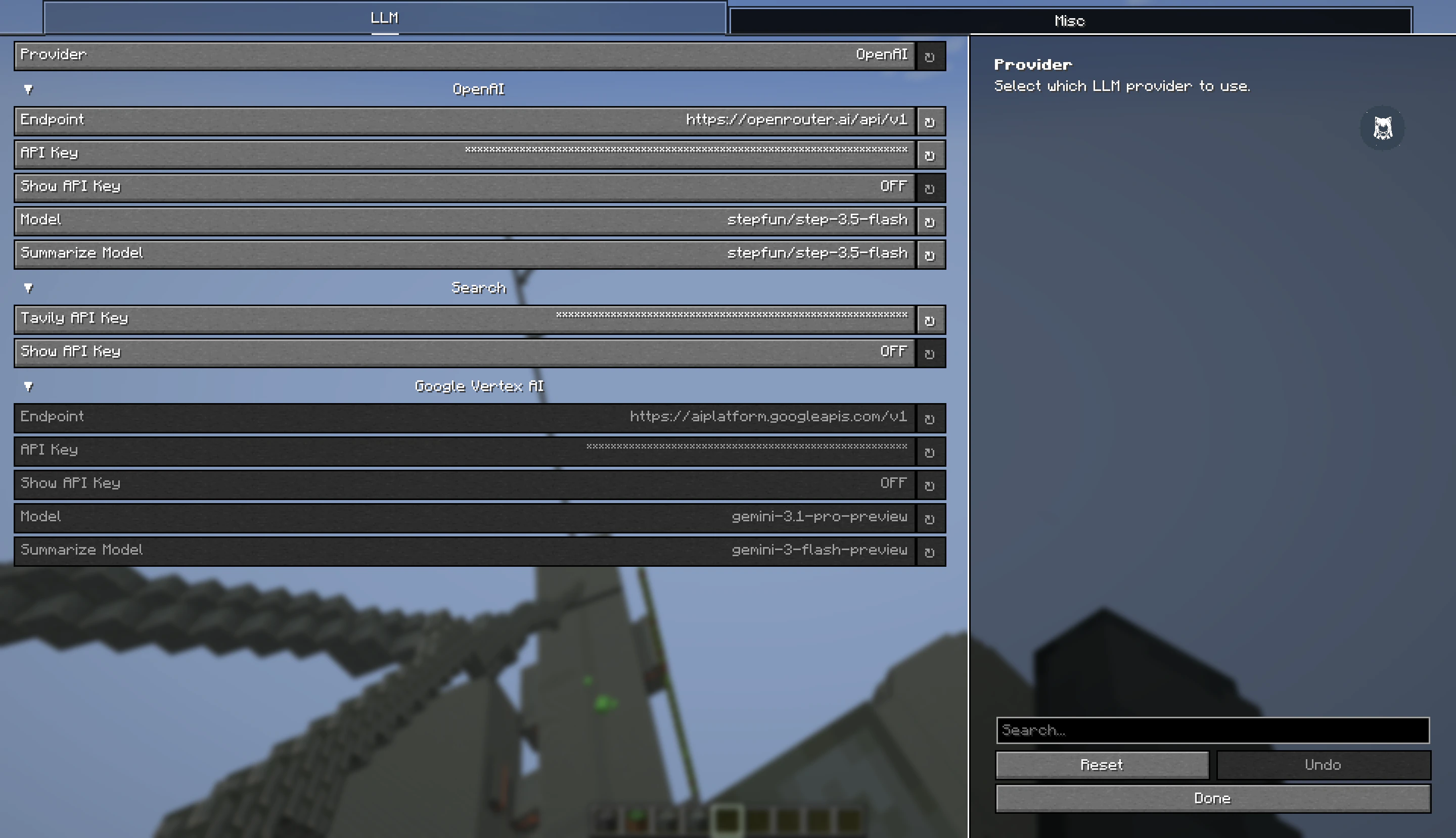 MineClawd configuration screen in game