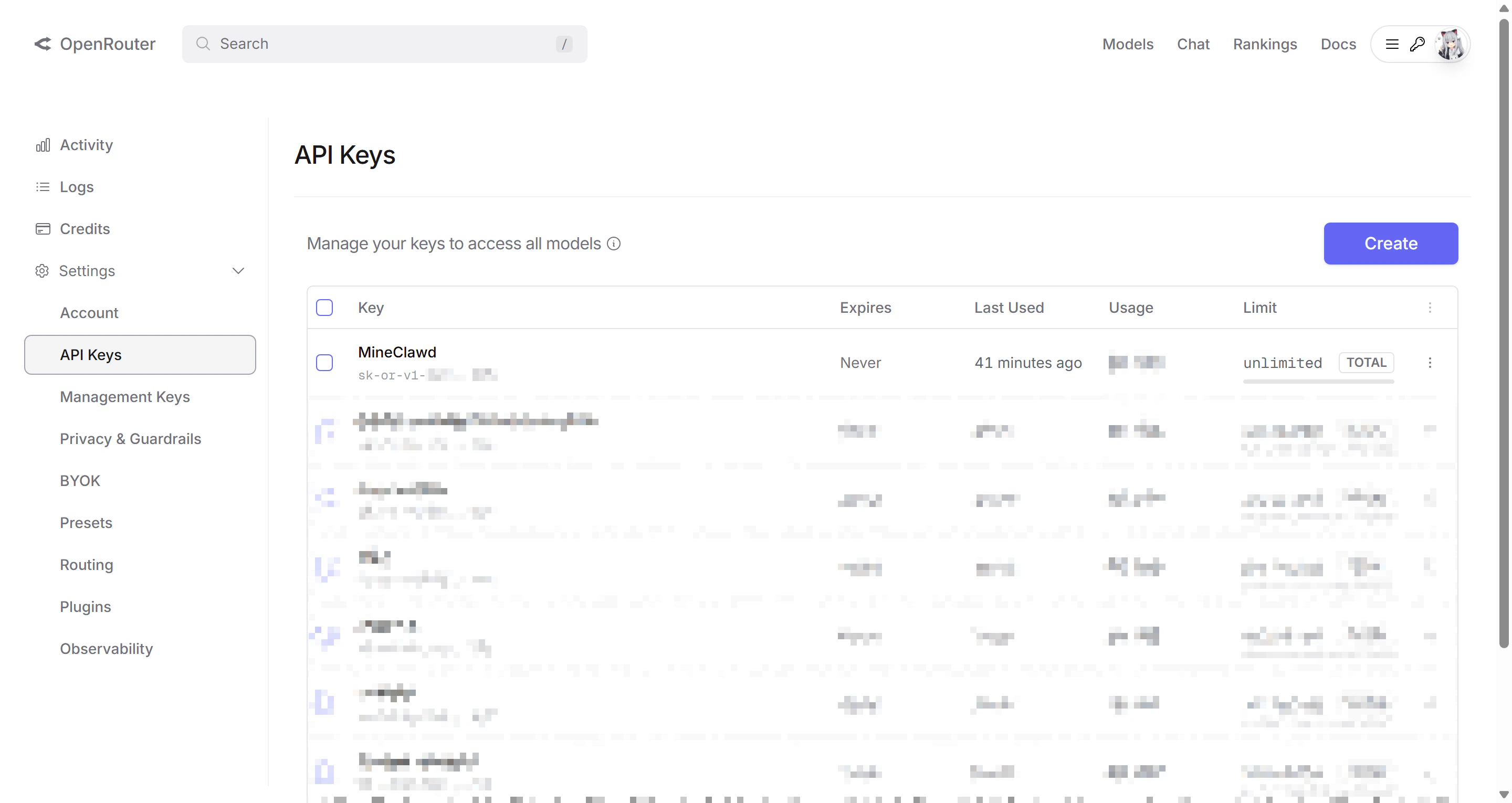 OpenRouter settings page showing API key management